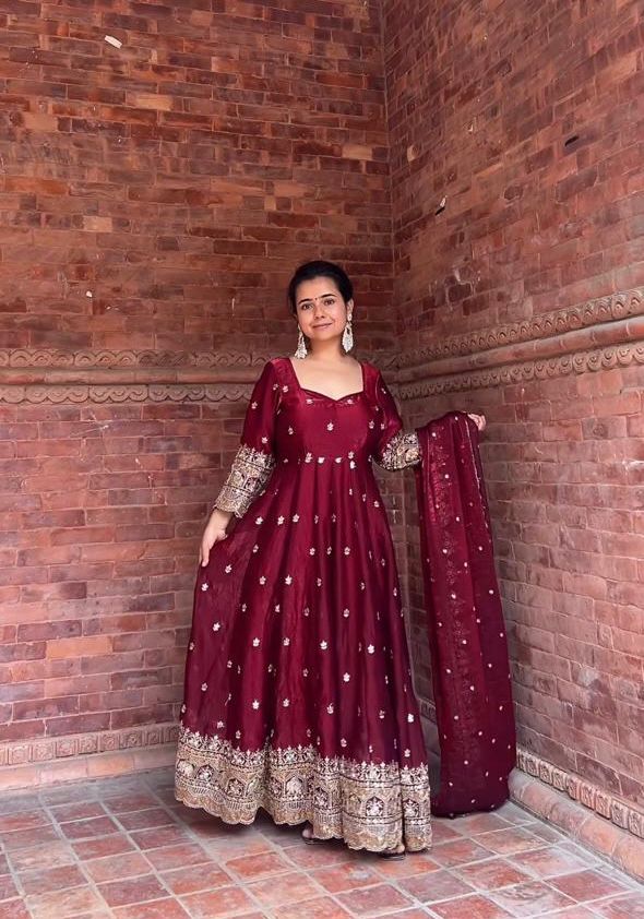Embroidered Pure Fendy Silk Anarkali: Referring To The Heavy Silk-Style Fabric And Gold Zari/Sequin Work