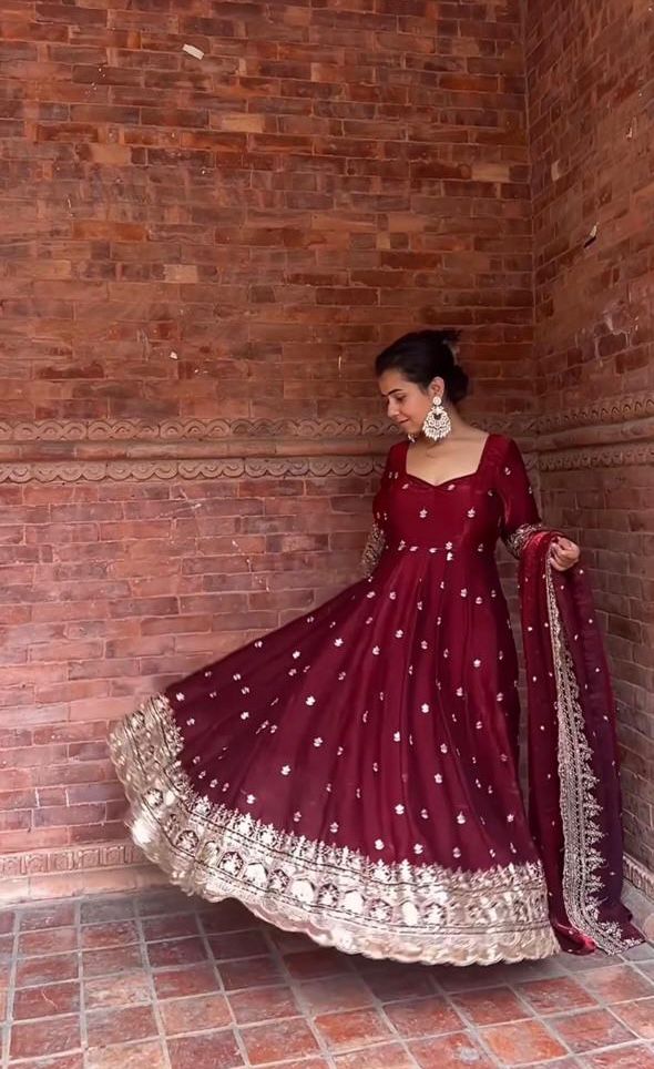 Embroidered Pure Fendy Silk Anarkali: Referring To The Heavy Silk-Style Fabric And Gold Zari/Sequin Work