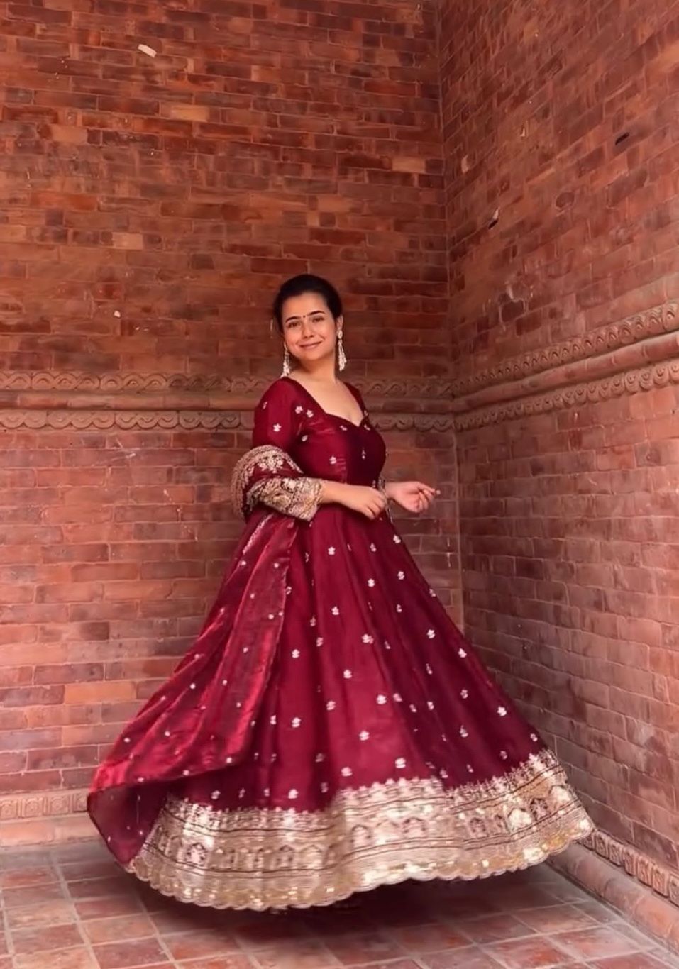 Embroidered Pure Fendy Silk Anarkali: Referring To The Heavy Silk-Style Fabric And Gold Zari/Sequin Work