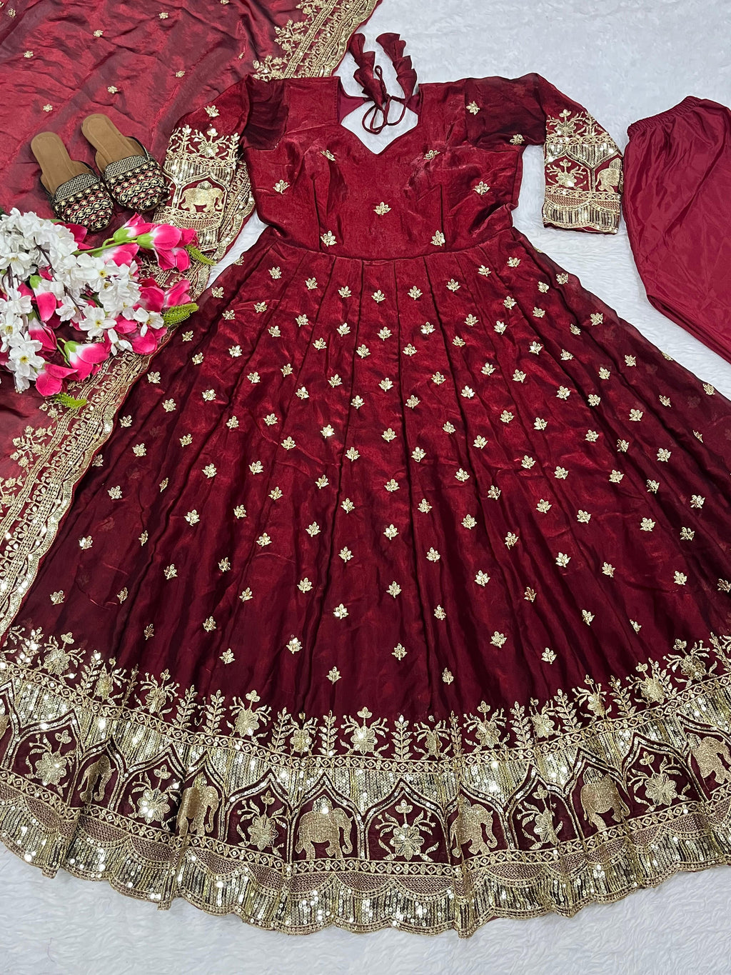 Embroidered Pure Fendy Silk Anarkali: Referring To The Heavy Silk-Style Fabric And Gold Zari/Sequin Work
