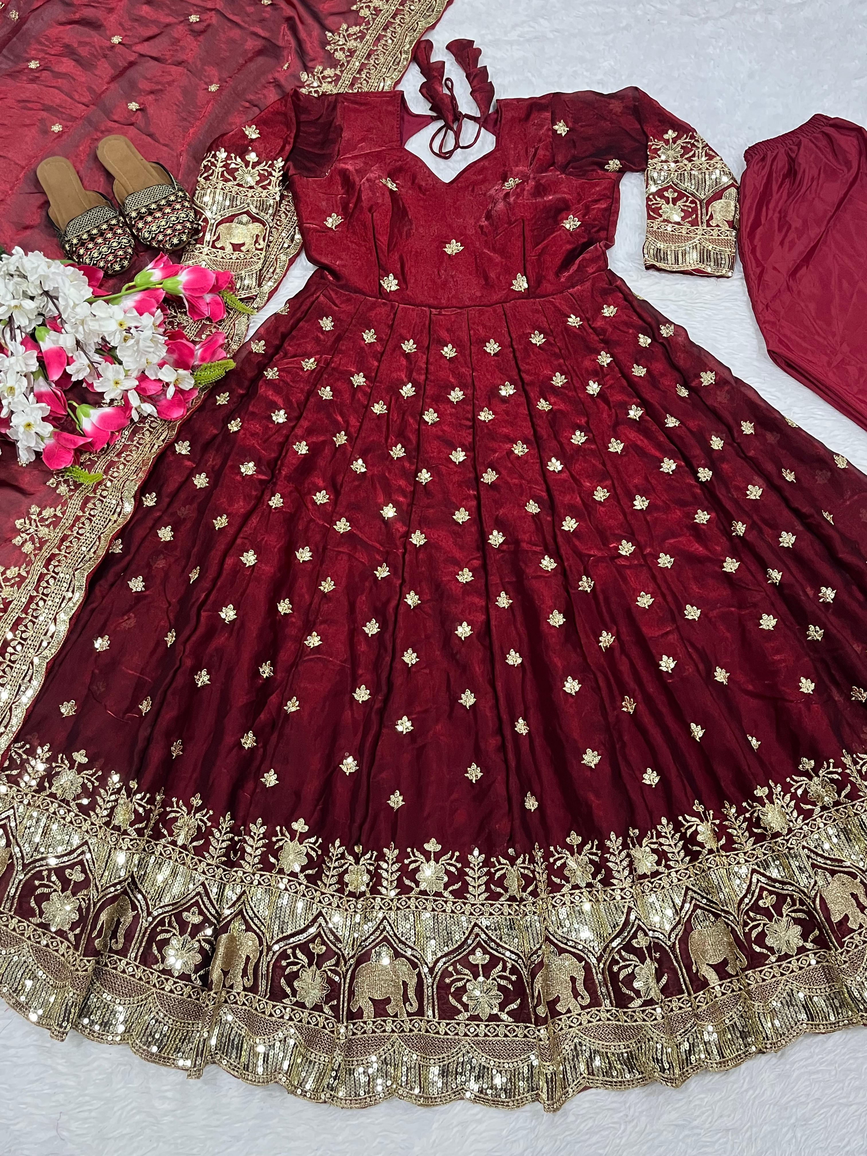 Embroidered Pure Fendy Silk Anarkali: Referring To The Heavy Silk-Style Fabric And Gold Zari/Sequin Work
