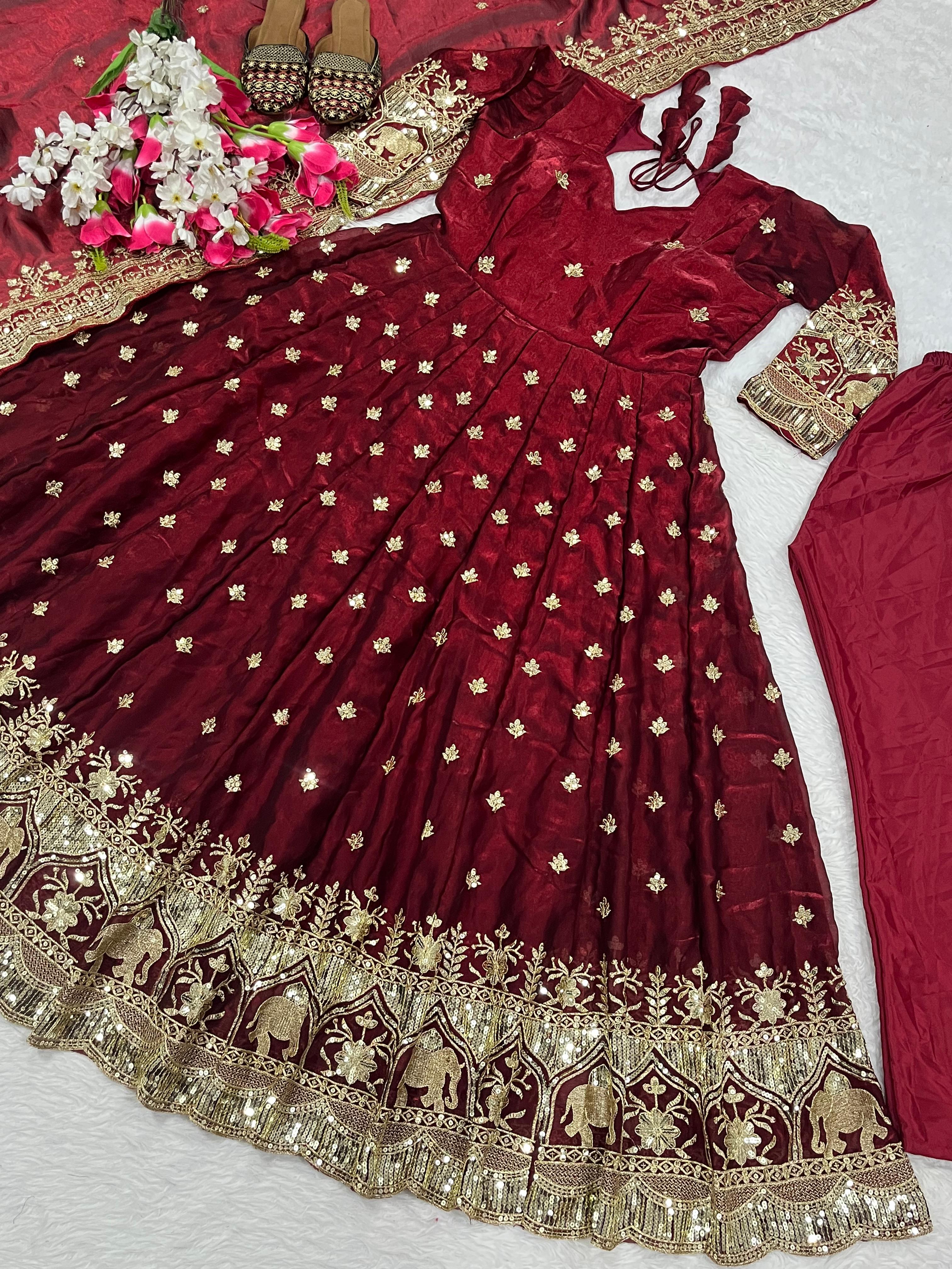 Embroidered Pure Fendy Silk Anarkali: Referring To The Heavy Silk-Style Fabric And Gold Zari/Sequin Work