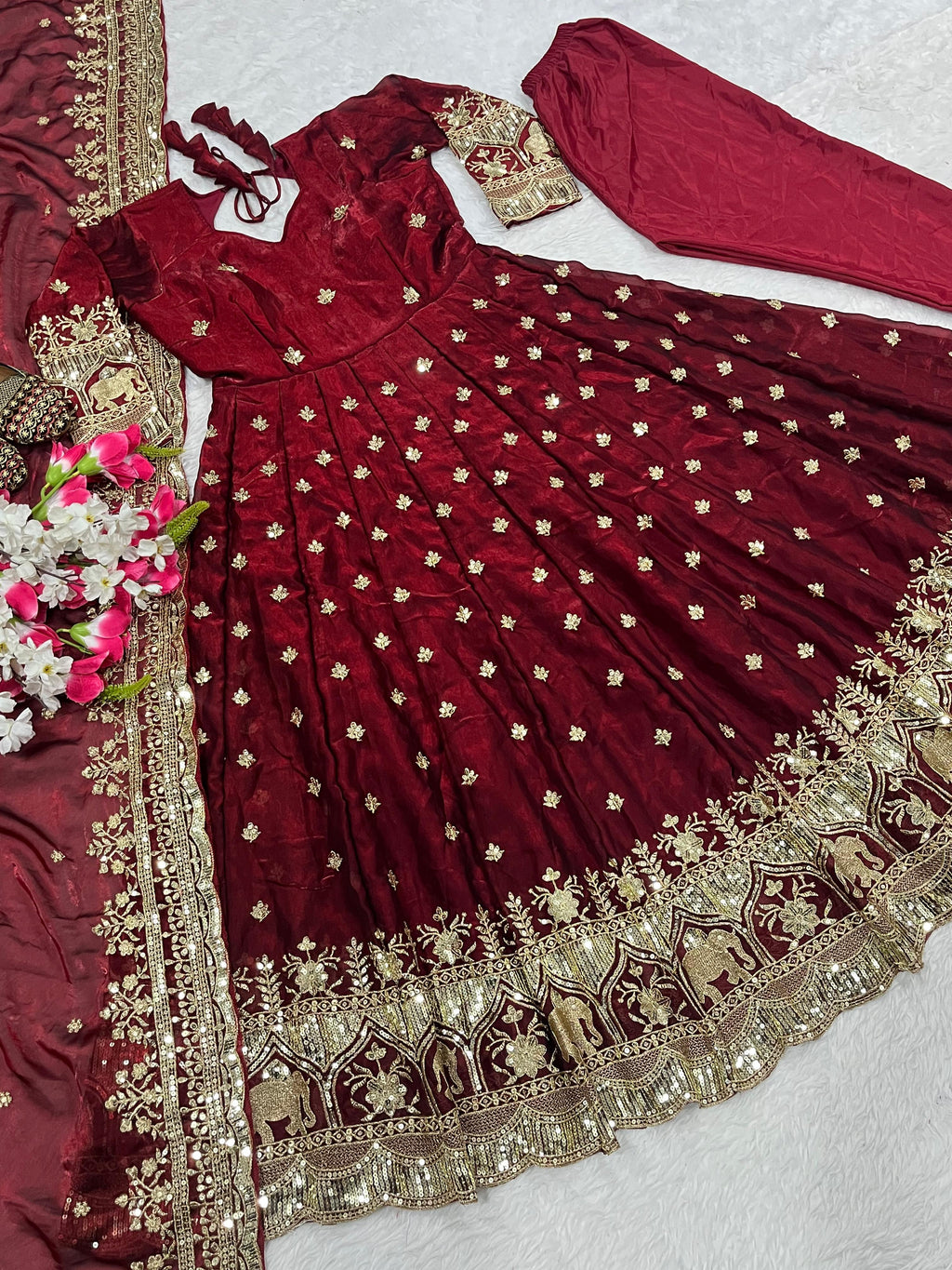 Embroidered Pure Fendy Silk Anarkali: Referring To The Heavy Silk-Style Fabric And Gold Zari/Sequin Work