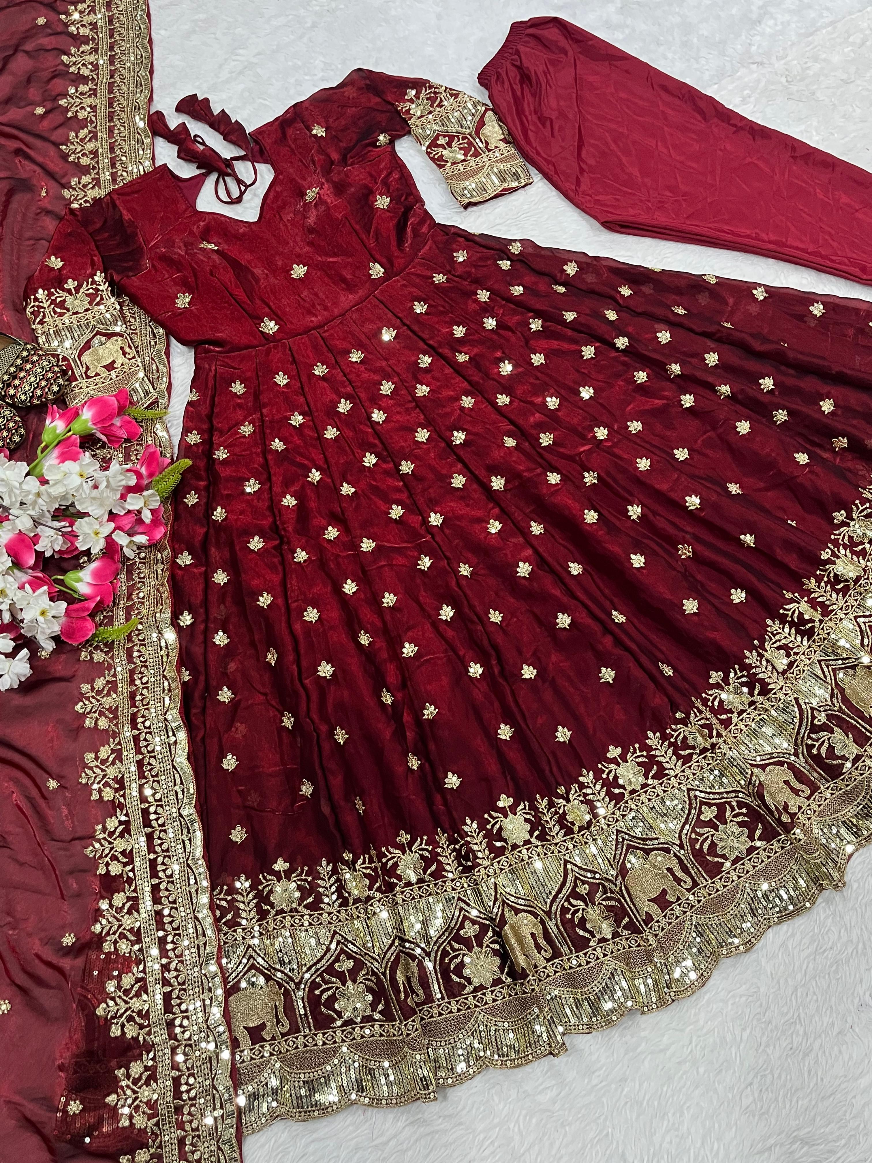 Embroidered Pure Fendy Silk Anarkali: Referring To The Heavy Silk-Style Fabric And Gold Zari/Sequin Work