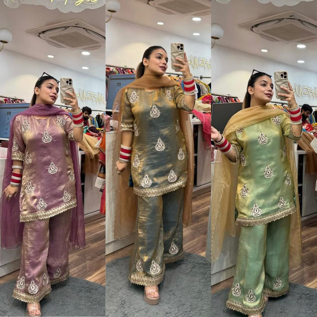 Designer Pakistani Style Party Wear Fendy Silk Top, Palazzo, and Dupatta Set