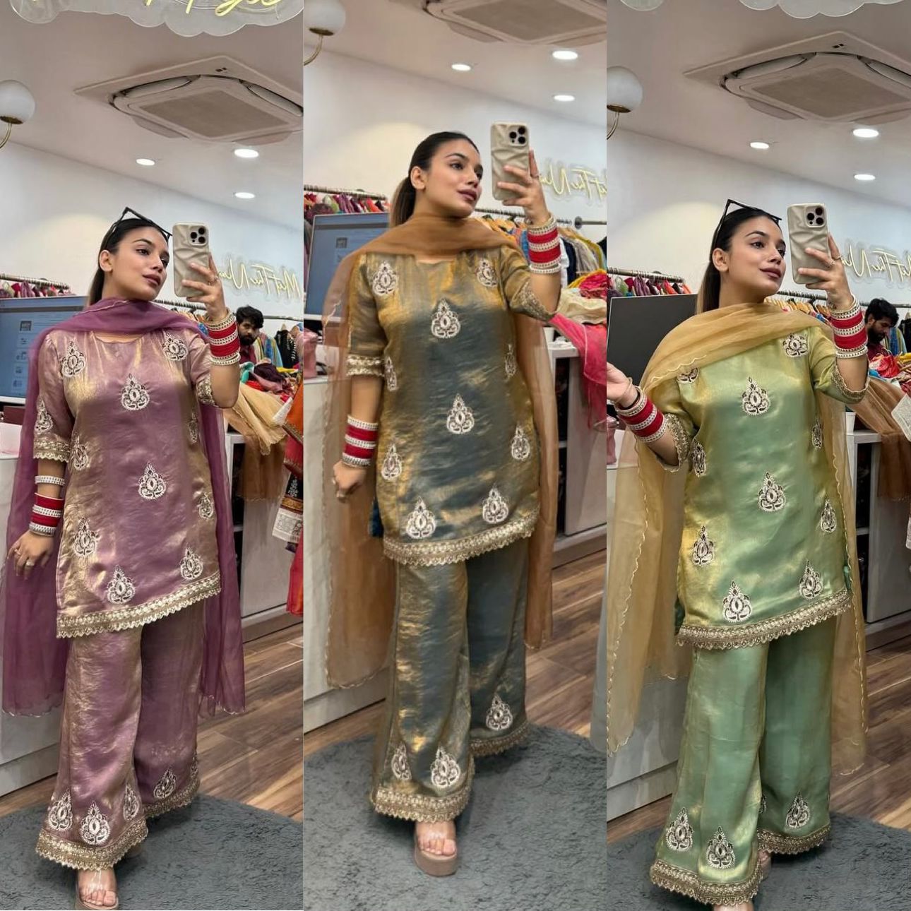 Designer Pakistani Style Party Wear Fendy Silk Top, Palazzo, and Dupatta Set
