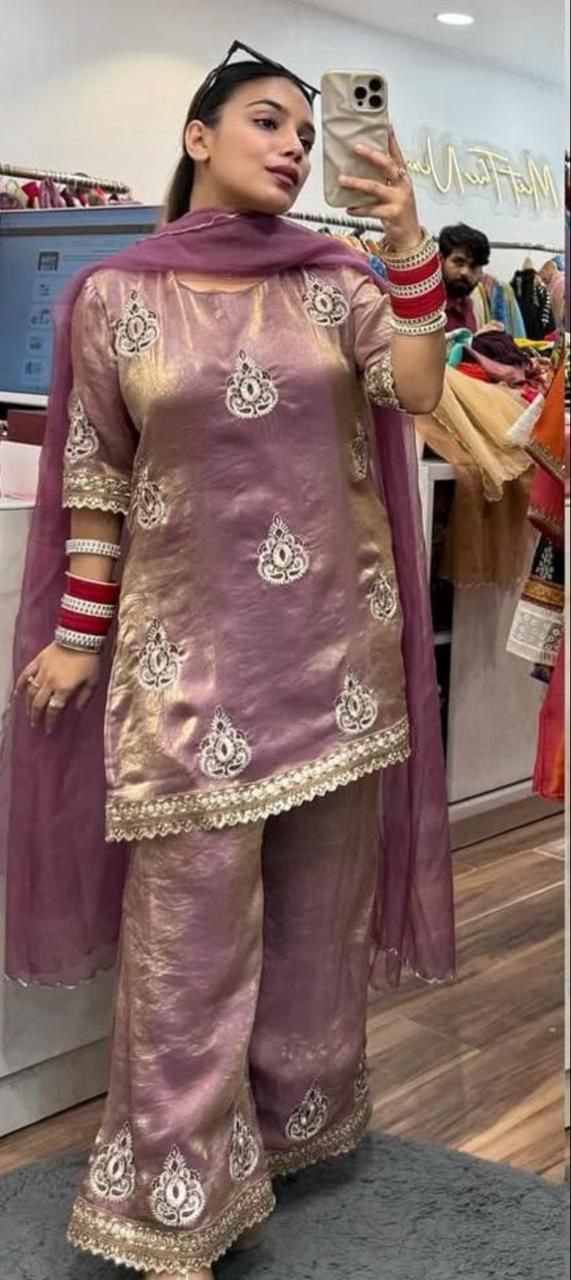 Designer Pakistani Style Party Wear Fendy Silk Top, Palazzo, and Dupatta Set