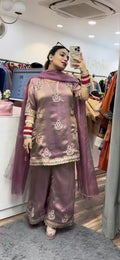 Designer Pakistani Style Party Wear Fendy Silk Top, Palazzo, and Dupatta Set