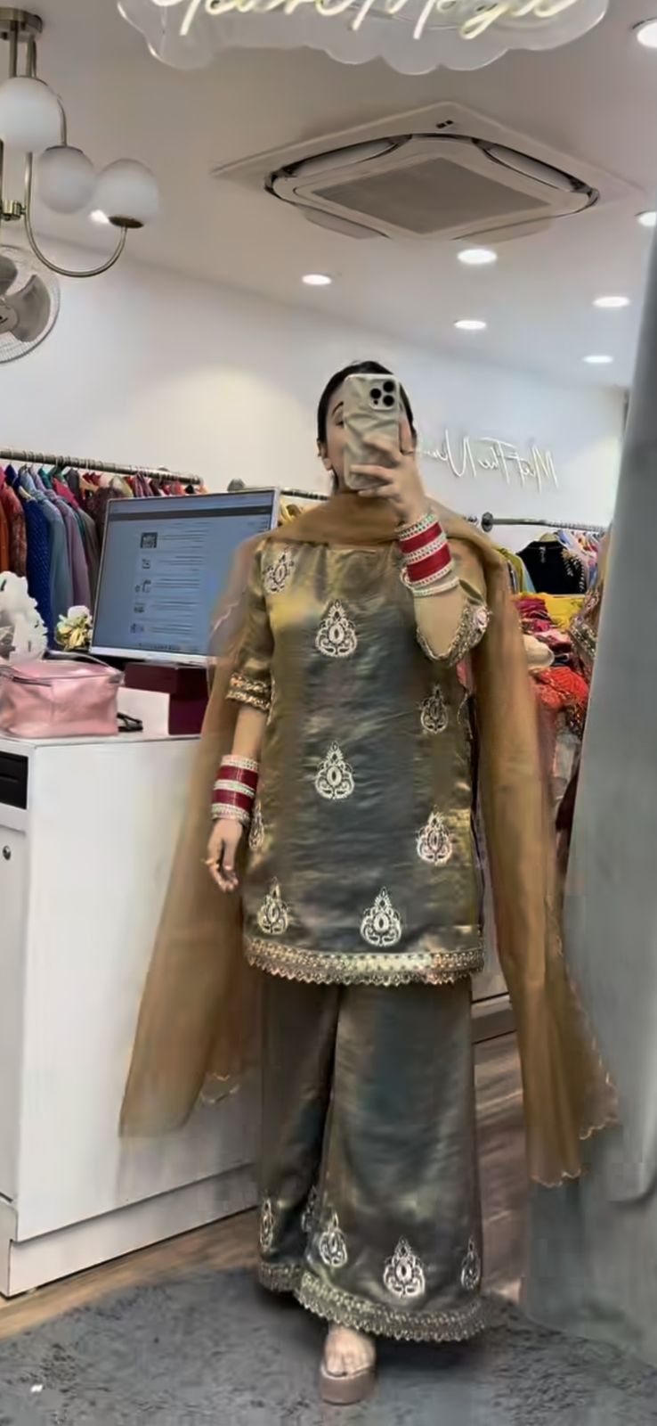Designer Pakistani Style Party Wear Fendy Silk Top, Palazzo, and Dupatta Set
