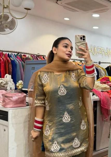 Designer Pakistani Style Party Wear Fendy Silk Top, Palazzo, and Dupatta Set
