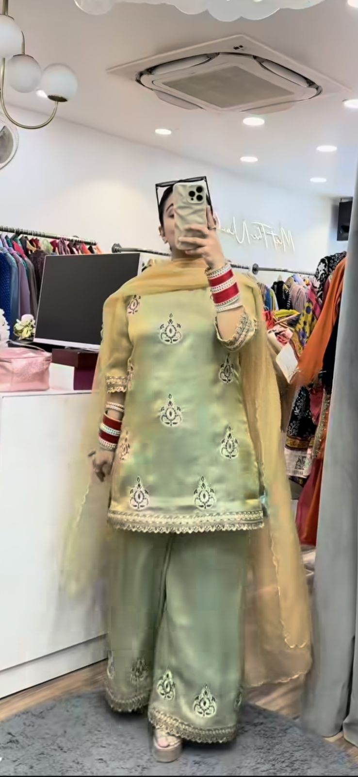 Designer Pakistani Style Party Wear Fendy Silk Top, Palazzo, and Dupatta Set