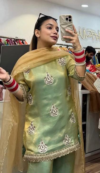 Designer Pakistani Style Party Wear Fendy Silk Top, Palazzo, and Dupatta Set