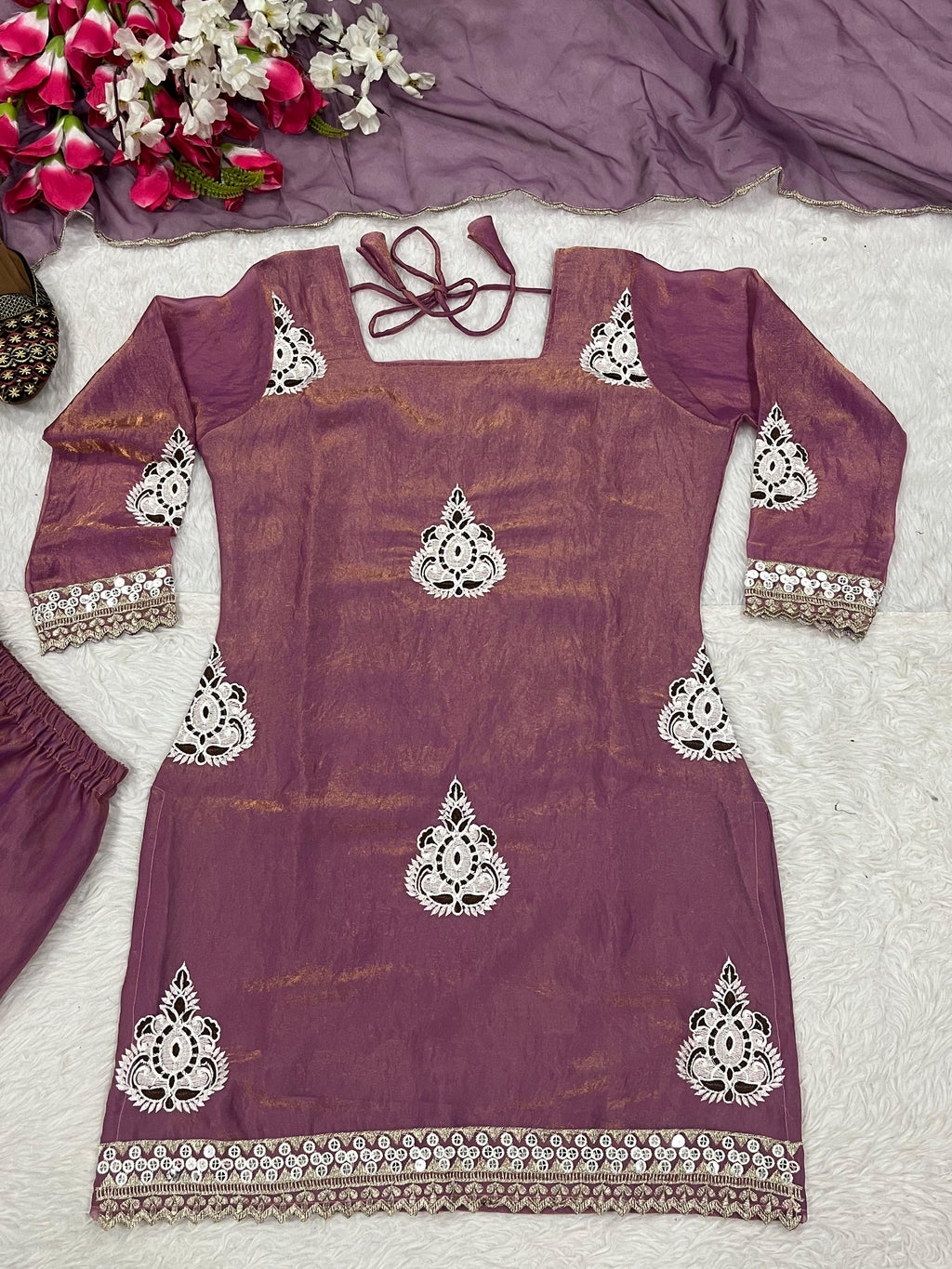 Designer Pakistani Style Party Wear Fendy Silk Top, Palazzo, and Dupatta Set