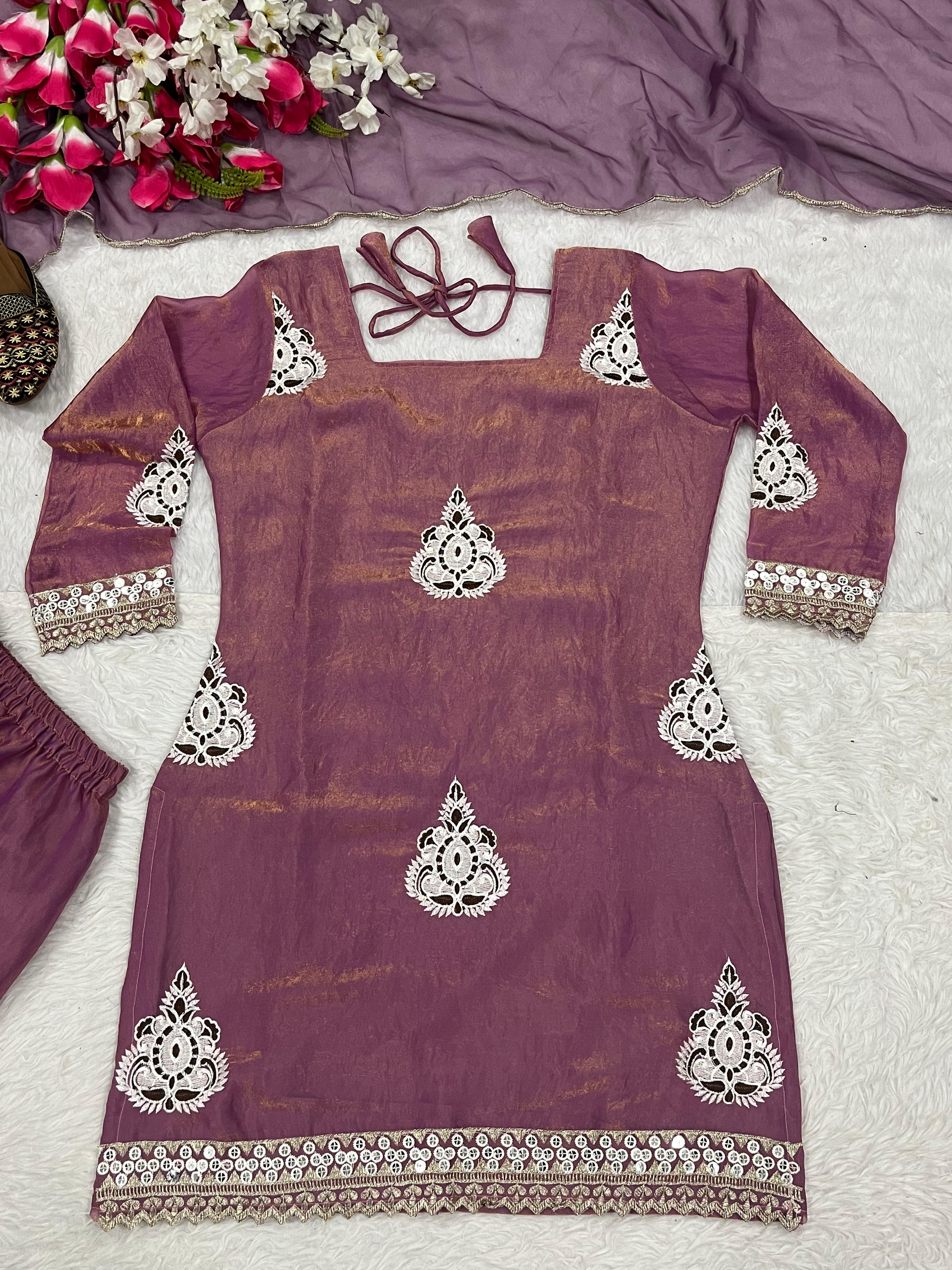 Designer Pakistani Style Party Wear Fendy Silk Top, Palazzo, and Dupatta Set