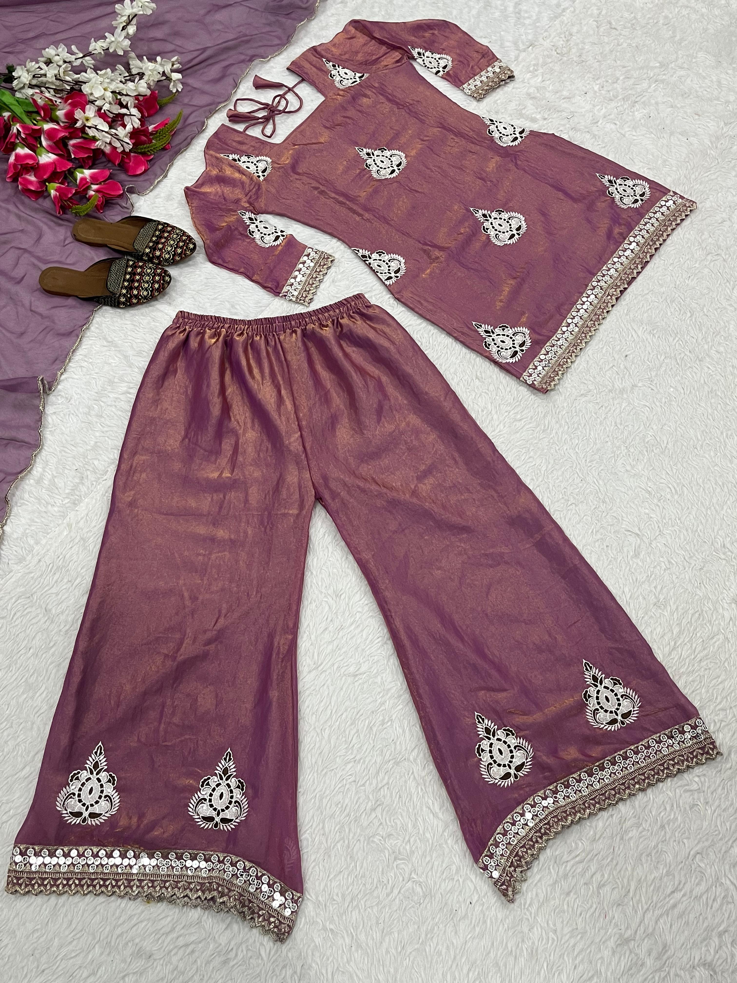 Designer Pakistani Style Party Wear Fendy Silk Top, Palazzo, and Dupatta Set
