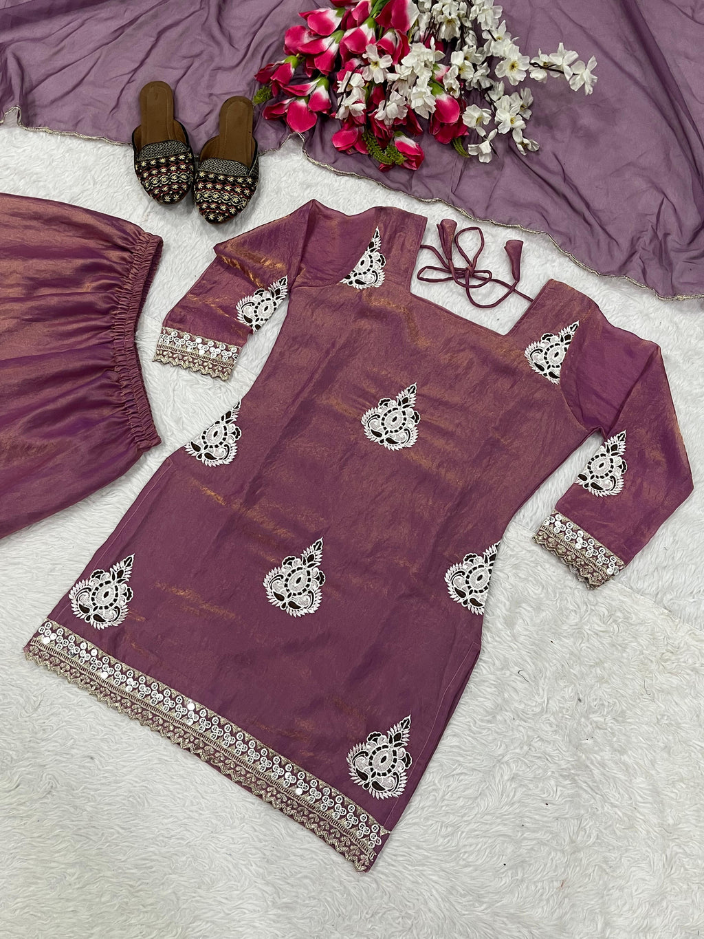 Designer Pakistani Style Party Wear Fendy Silk Top, Palazzo, and Dupatta Set