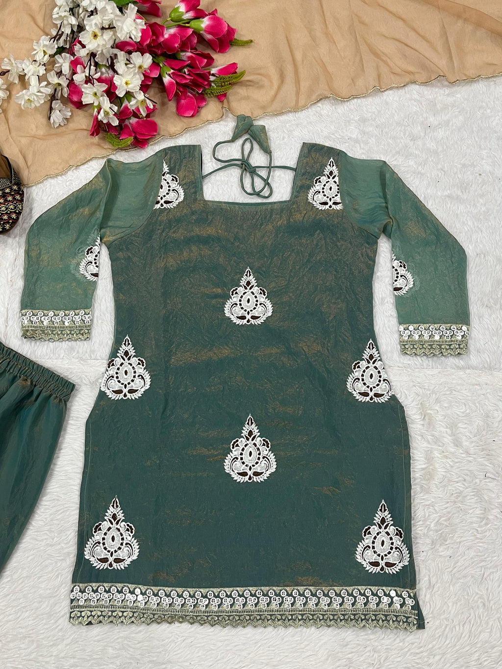 Designer Pakistani Style Party Wear Fendy Silk Top, Palazzo, and Dupatta Set