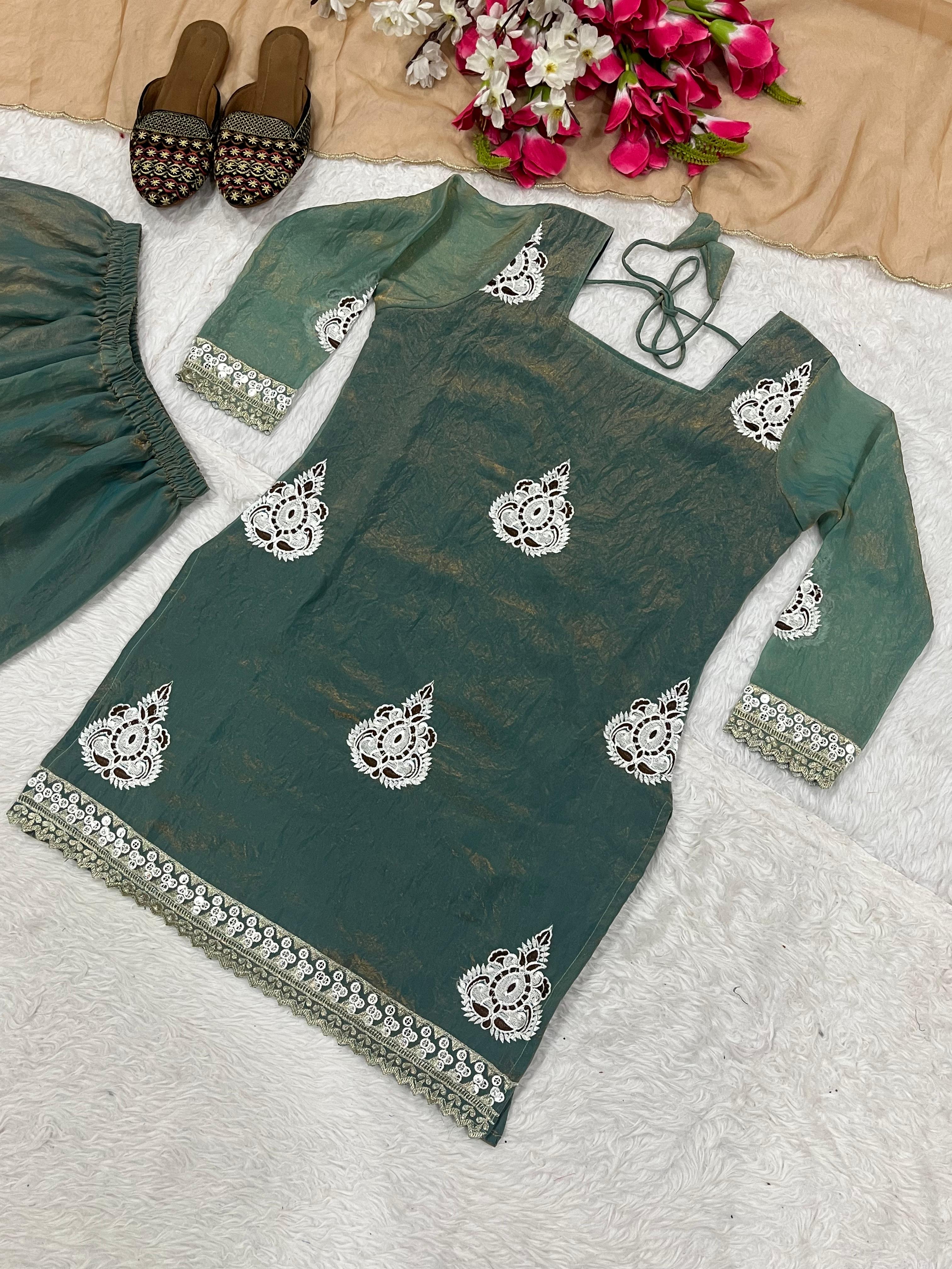 Designer Pakistani Style Party Wear Fendy Silk Top, Palazzo, and Dupatta Set
