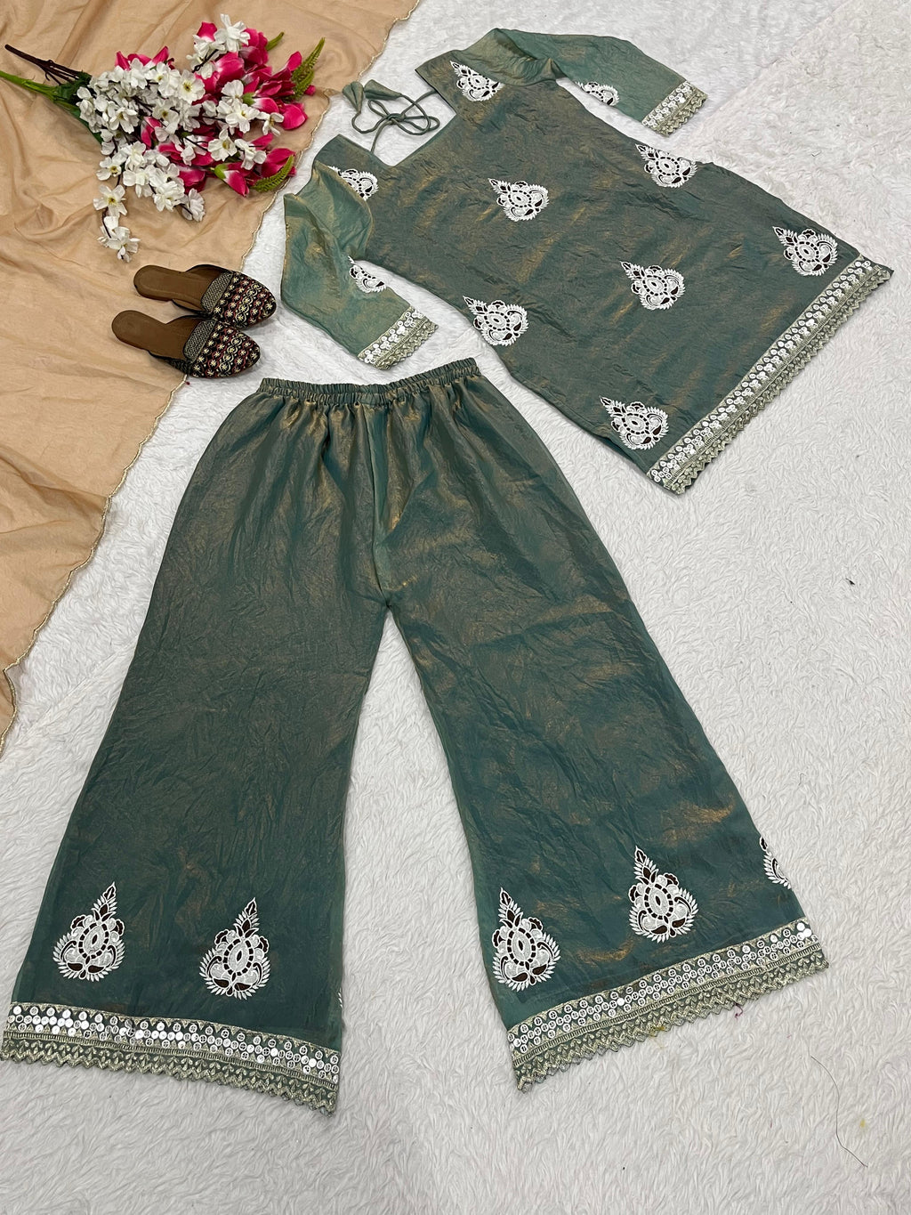 Designer Pakistani Style Party Wear Fendy Silk Top, Palazzo, and Dupatta Set