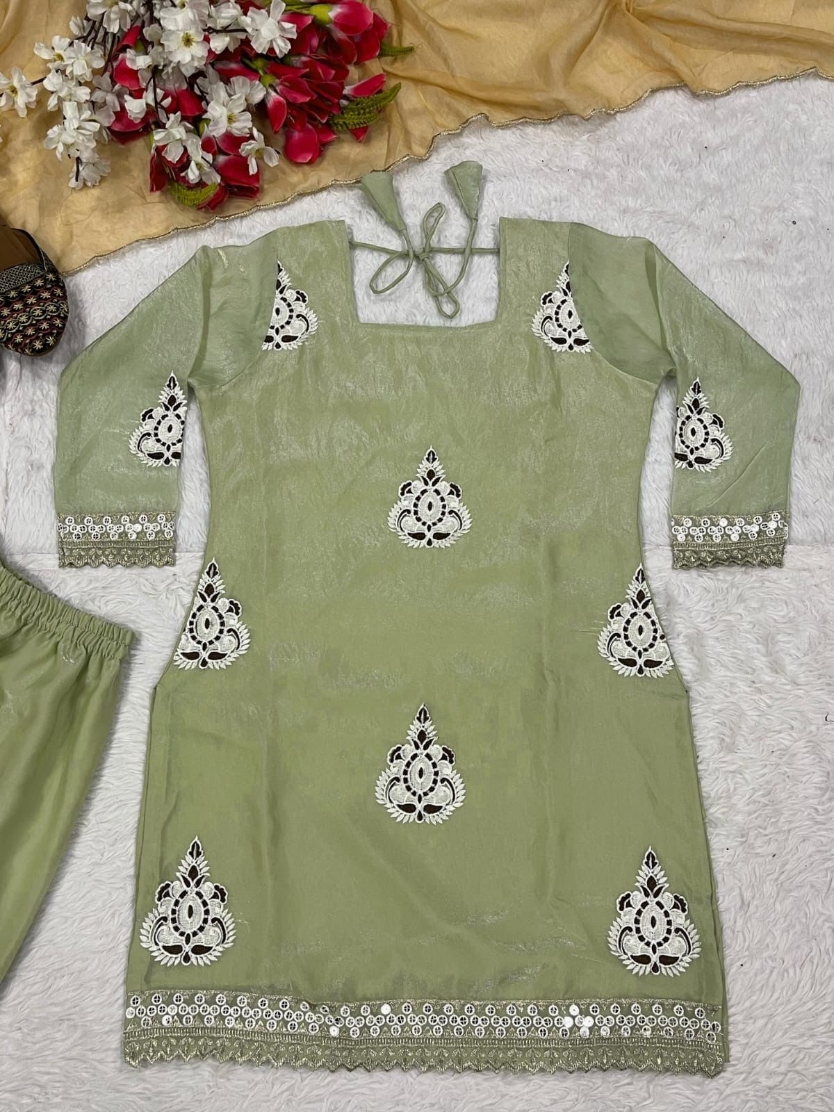 Designer Pakistani Style Party Wear Fendy Silk Top, Palazzo, and Dupatta Set