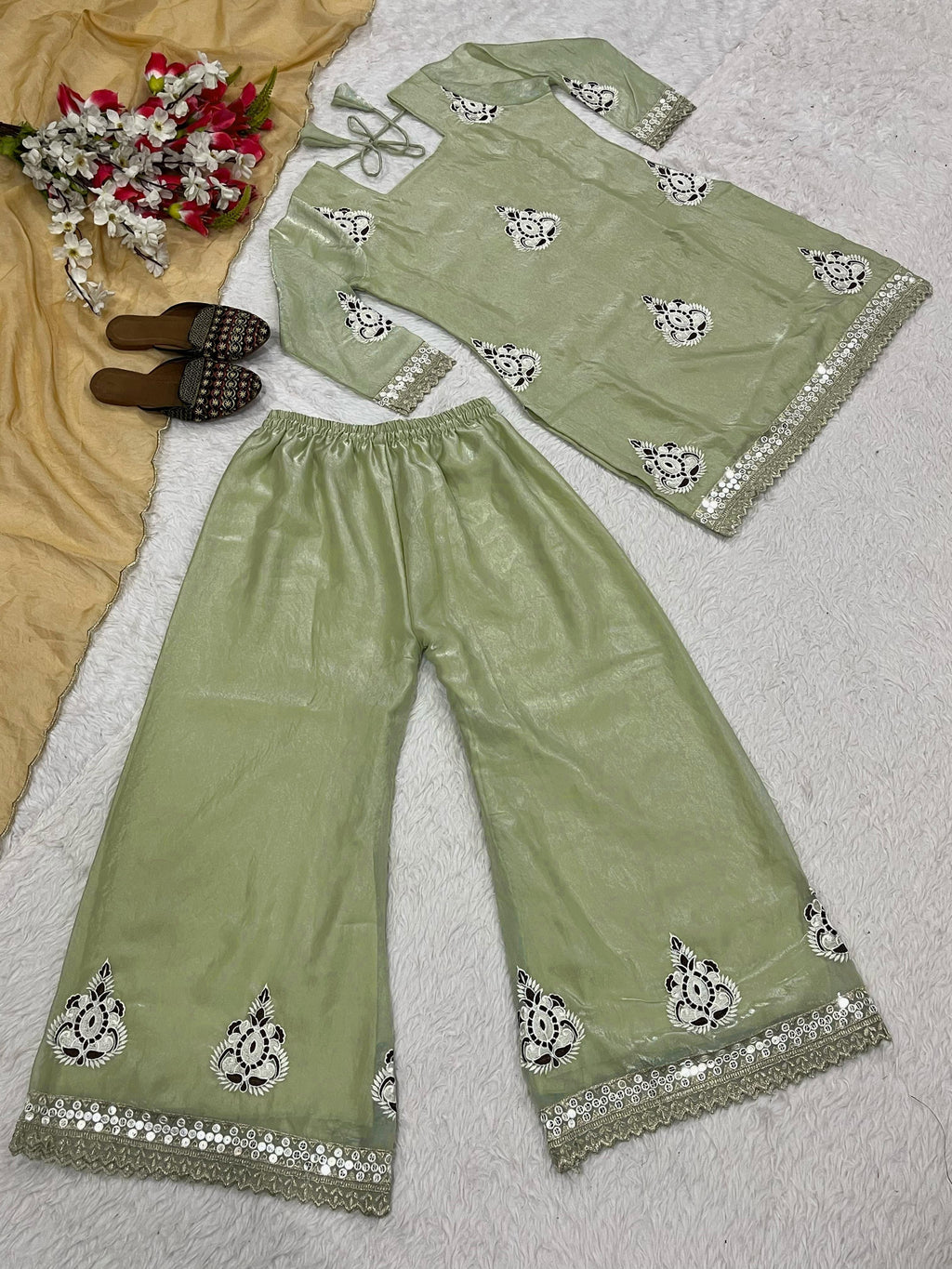 Designer Pakistani Style Party Wear Fendy Silk Top, Palazzo, and Dupatta Set