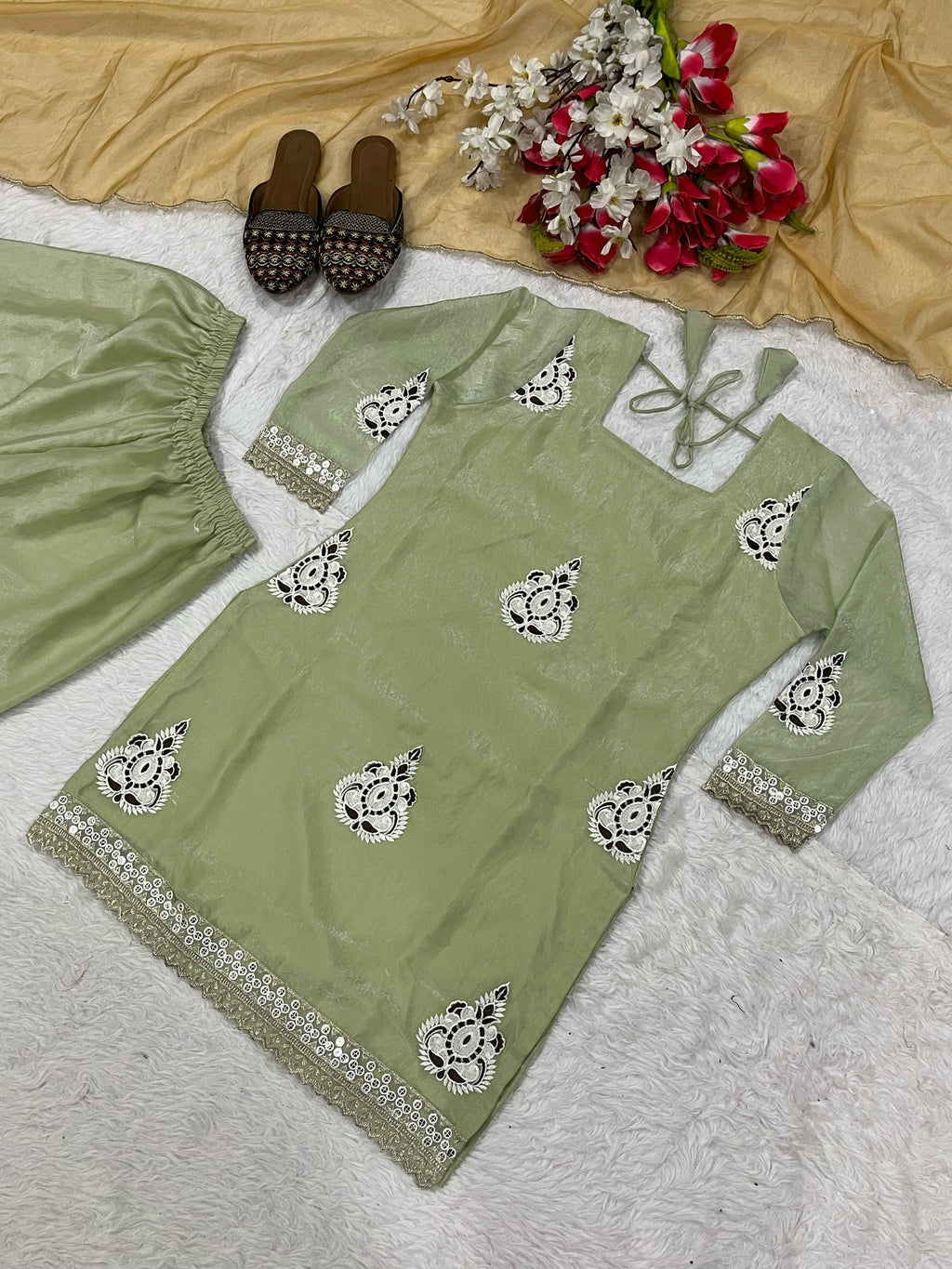 Designer Pakistani Style Party Wear Fendy Silk Top, Palazzo, and Dupatta Set