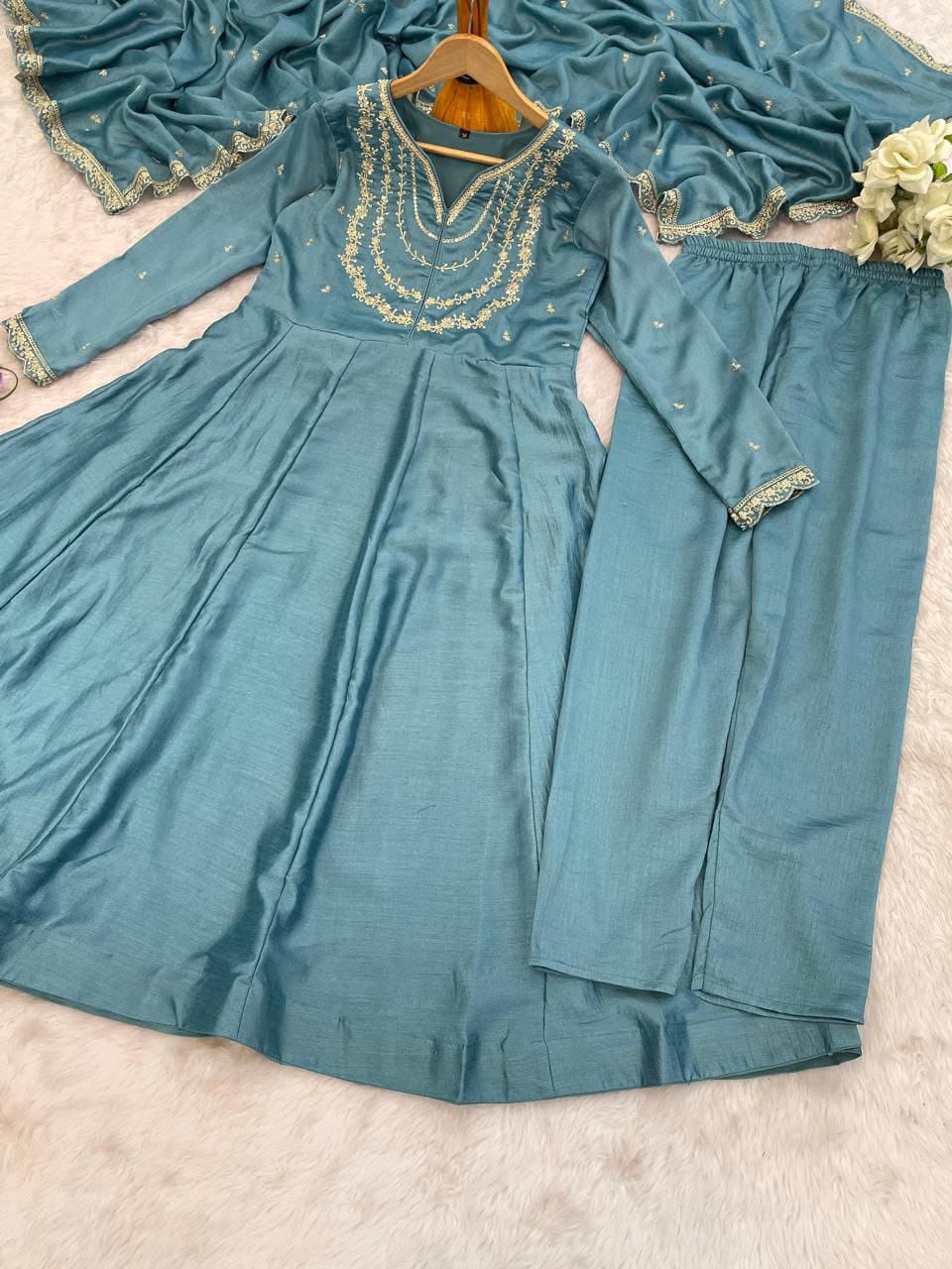 Luxury Silk Embroidered Anarkali Suit With Dupatta Set