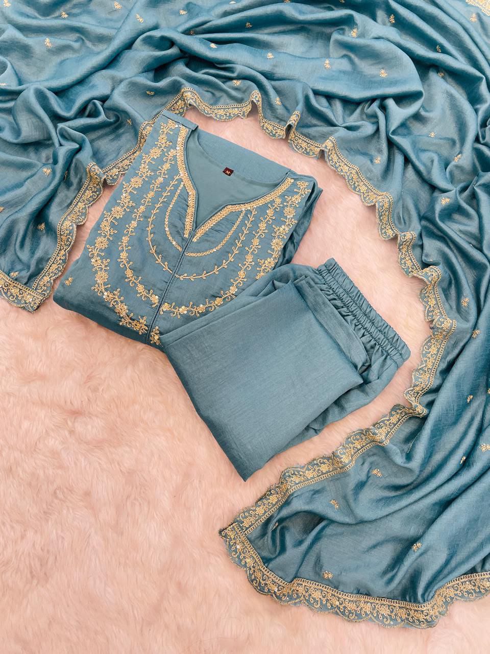 Luxury Silk Embroidered Anarkali Suit With Dupatta Set