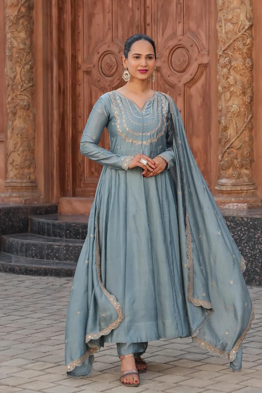 Luxury Silk Embroidered Anarkali Suit With Dupatta Set