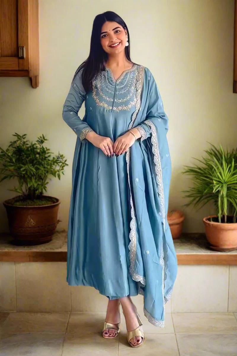 Luxury Silk Embroidered Anarkali Suit With Dupatta Set
