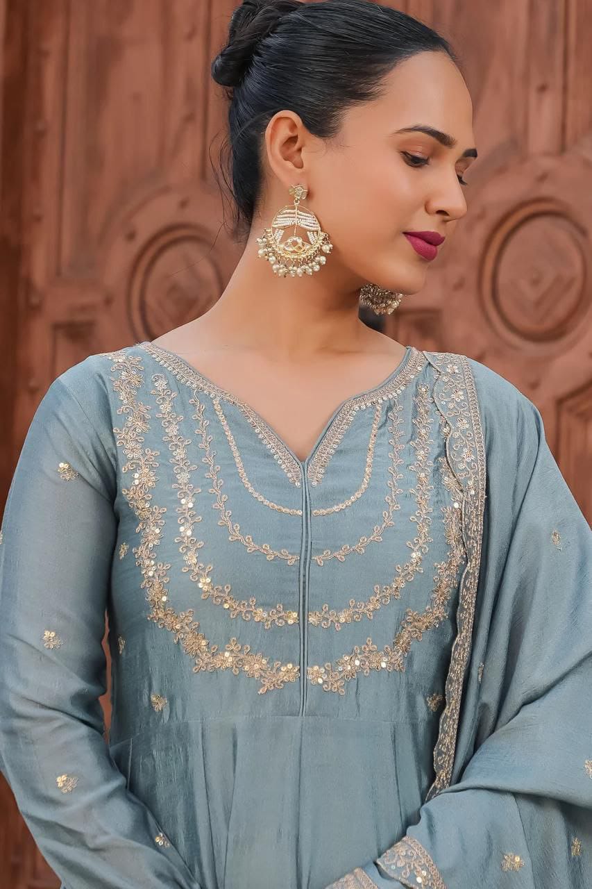 Luxury Silk Embroidered Anarkali Suit With Dupatta Set