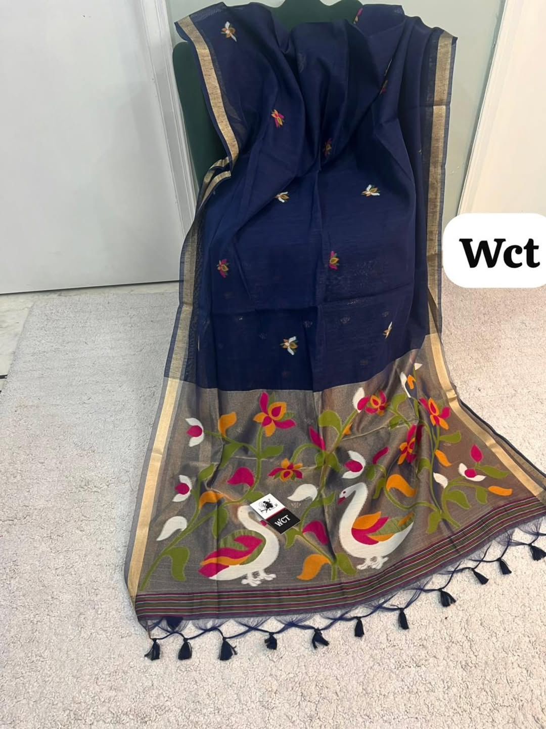 Meenakari Woven Linen Silk Saree with Jamdani Pallu & Swan Motif Paithani Fusion Saree