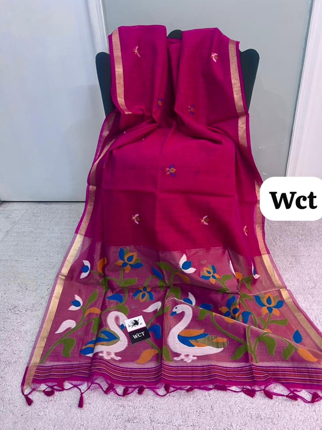 Meenakari Woven Linen Silk Saree with Jamdani Pallu & Swan Motif Paithani Fusion Saree