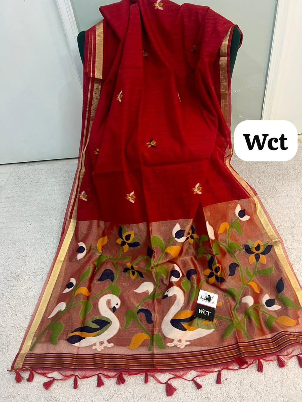 Meenakari Woven Linen Silk Saree with Jamdani Pallu & Swan Motif Paithani Fusion Saree