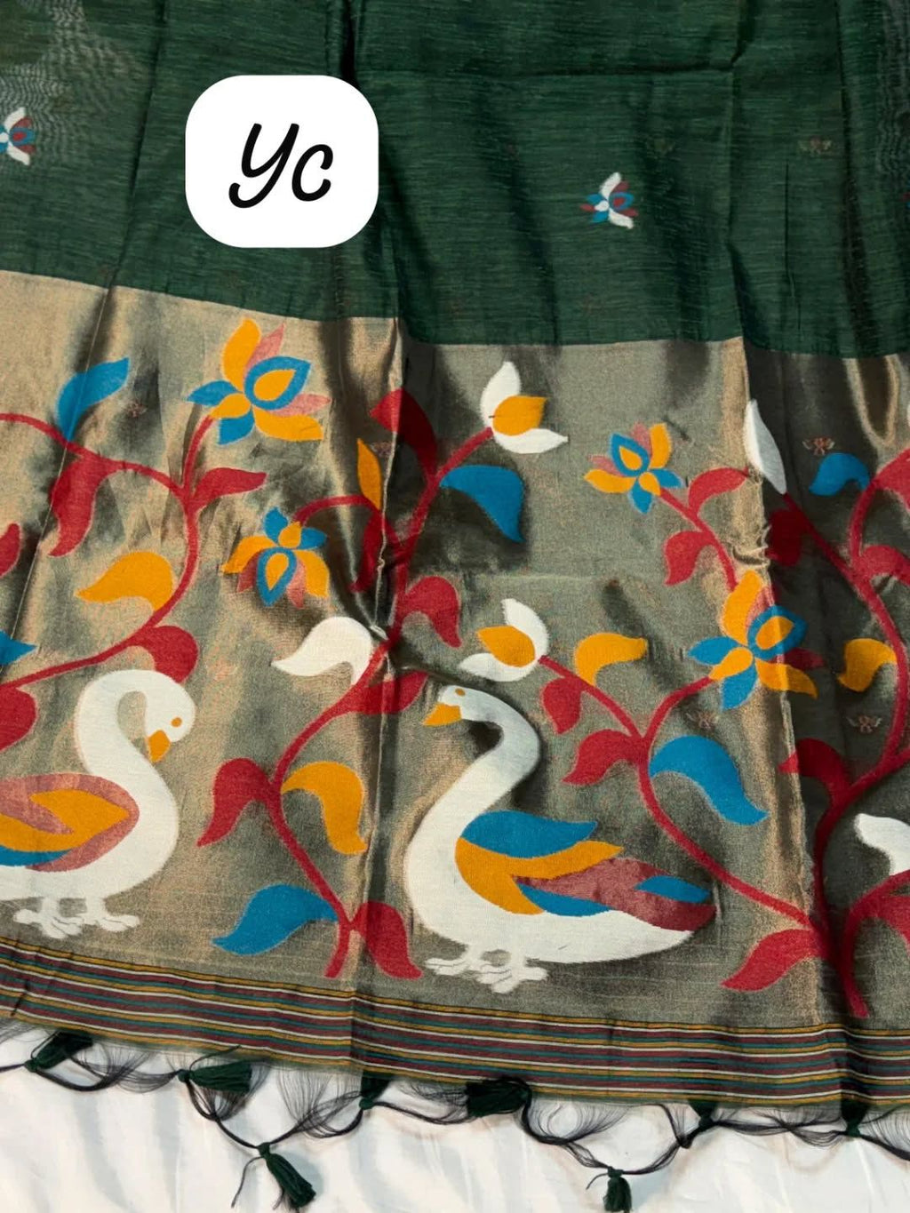Meenakari Woven Linen Silk Saree with Jamdani Pallu & Swan Motif Paithani Fusion Saree