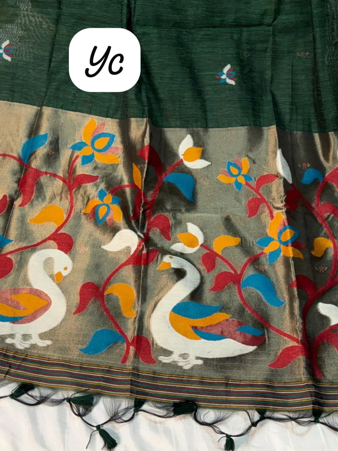 Meenakari Woven Linen Silk Saree with Jamdani Pallu & Swan Motif Paithani Fusion Saree