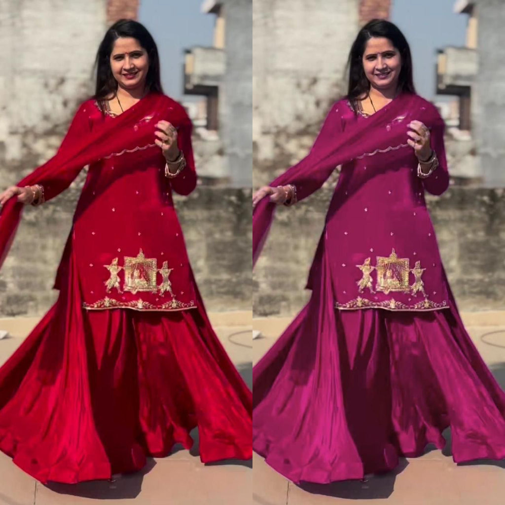 Natural Crepe Silk Flared Top-Lehenga Set with Heavy Sequence Embroidery