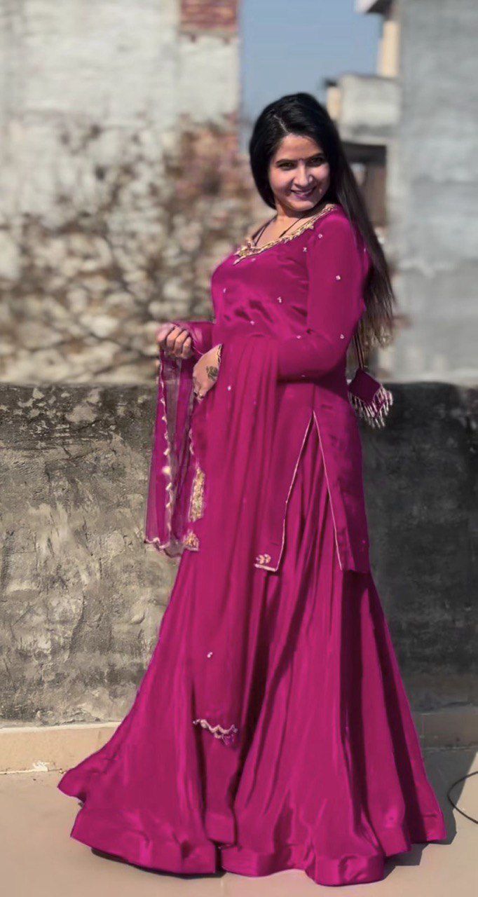 Natural Crepe Silk Flared Top-Lehenga Set with Heavy Sequence Embroidery