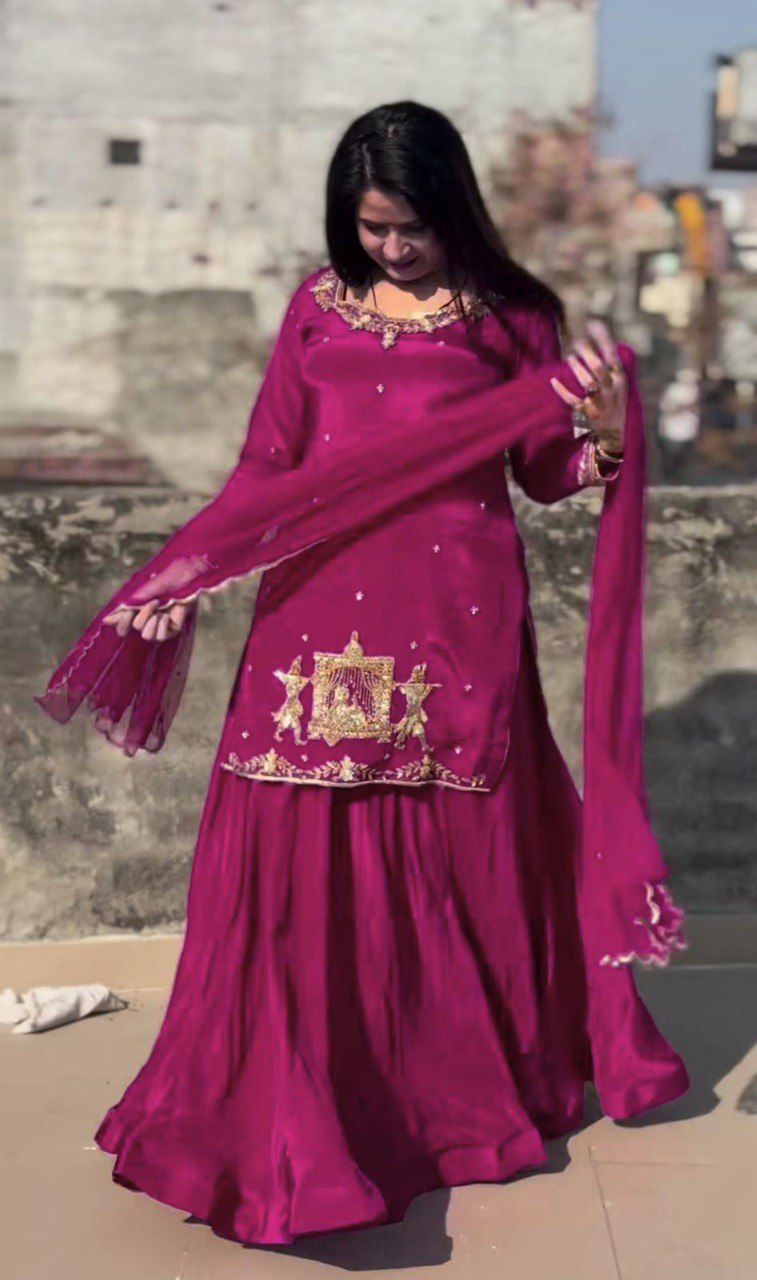 Natural Crepe Silk Flared Top-Lehenga Set with Heavy Sequence Embroidery