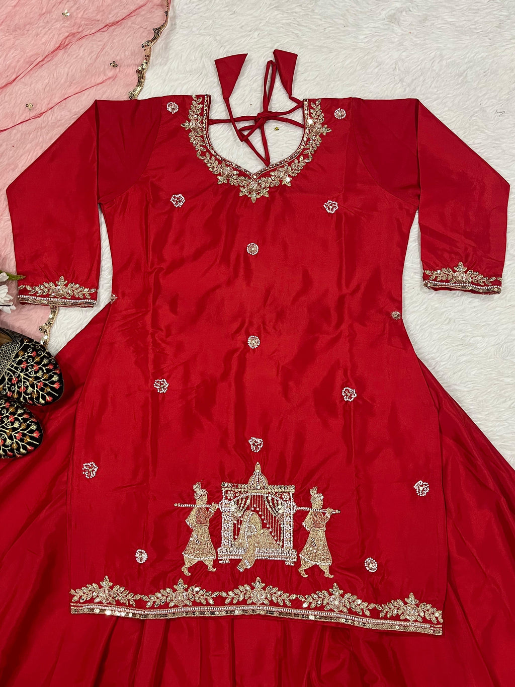 Natural Crepe Silk Flared Top-Lehenga Set with Heavy Sequence Embroidery