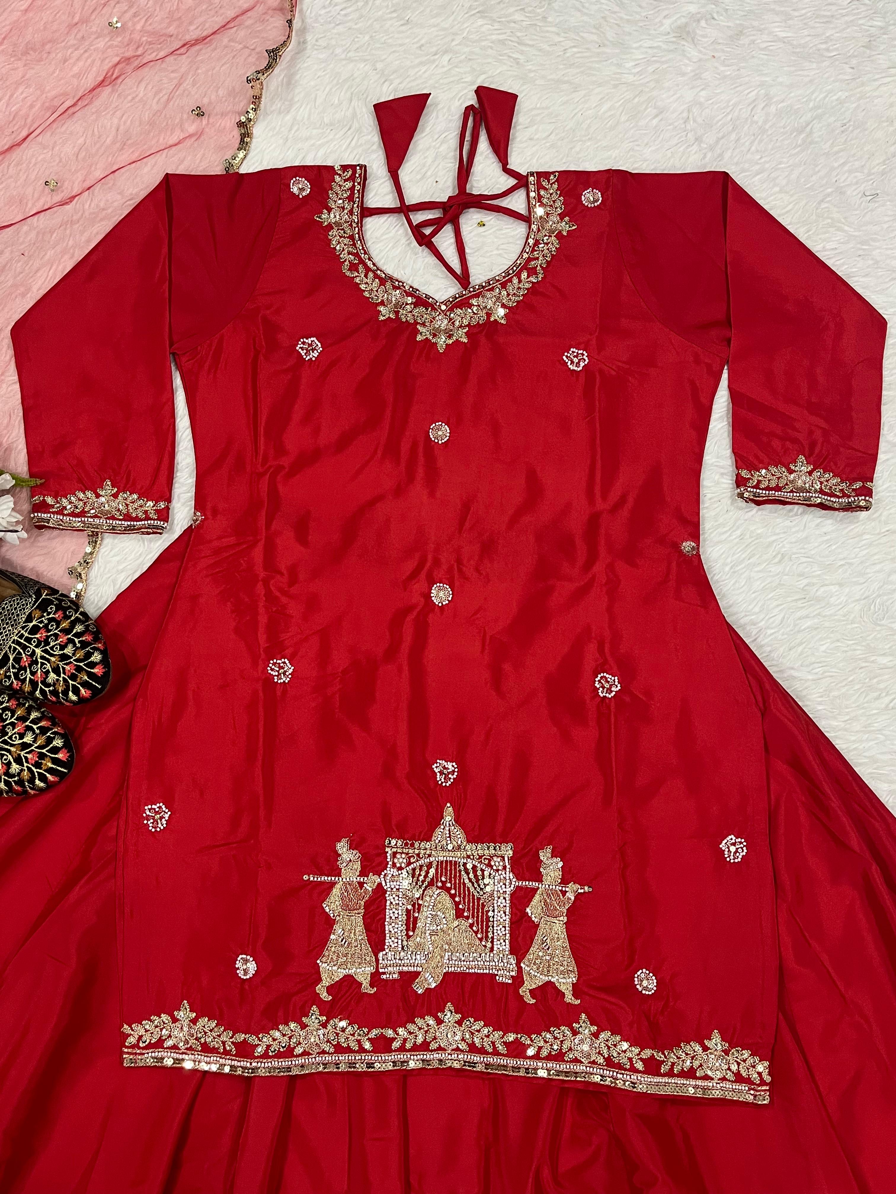 Natural Crepe Silk Flared Top-Lehenga Set with Heavy Sequence Embroidery