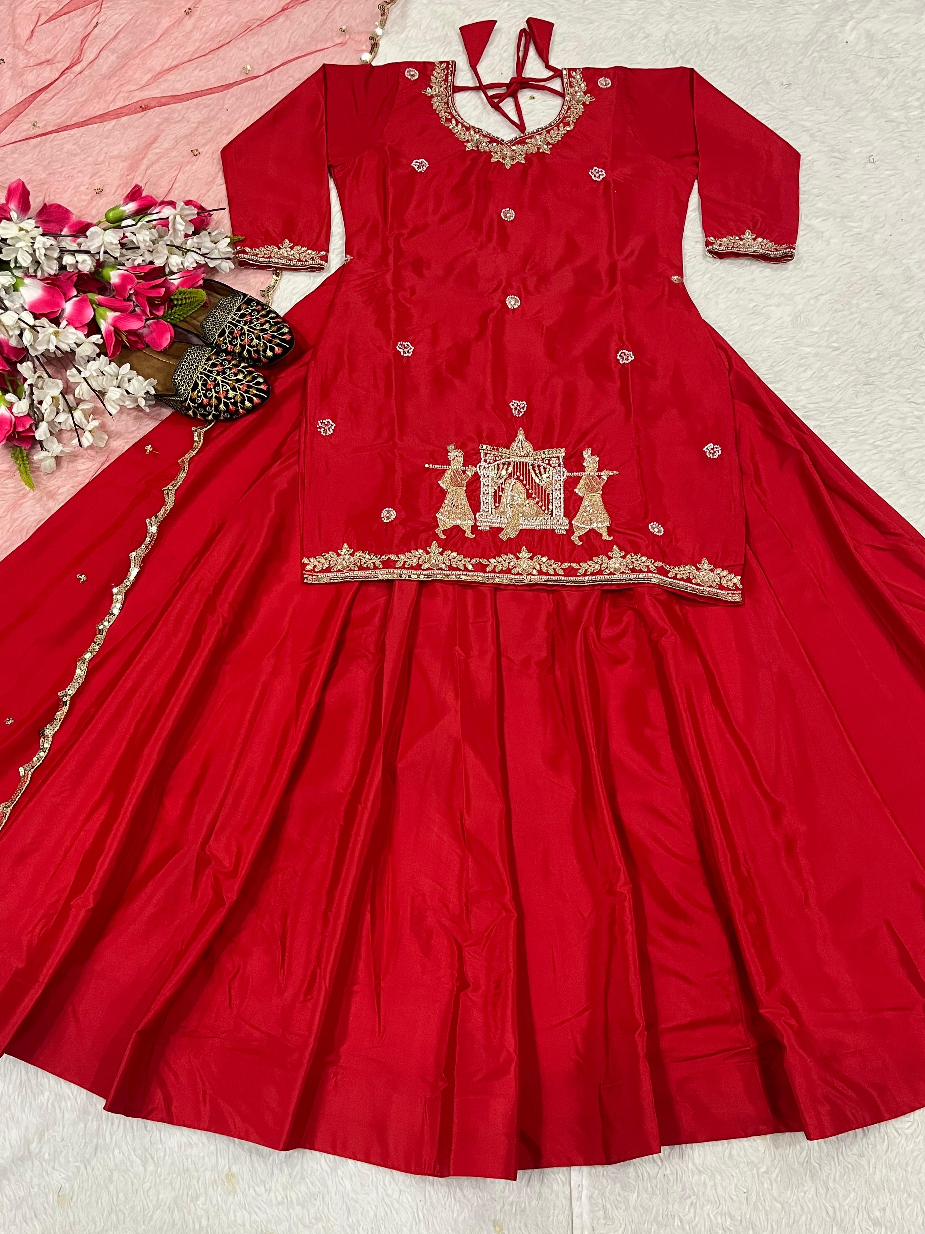 Natural Crepe Silk Flared Top-Lehenga Set with Heavy Sequence Embroidery