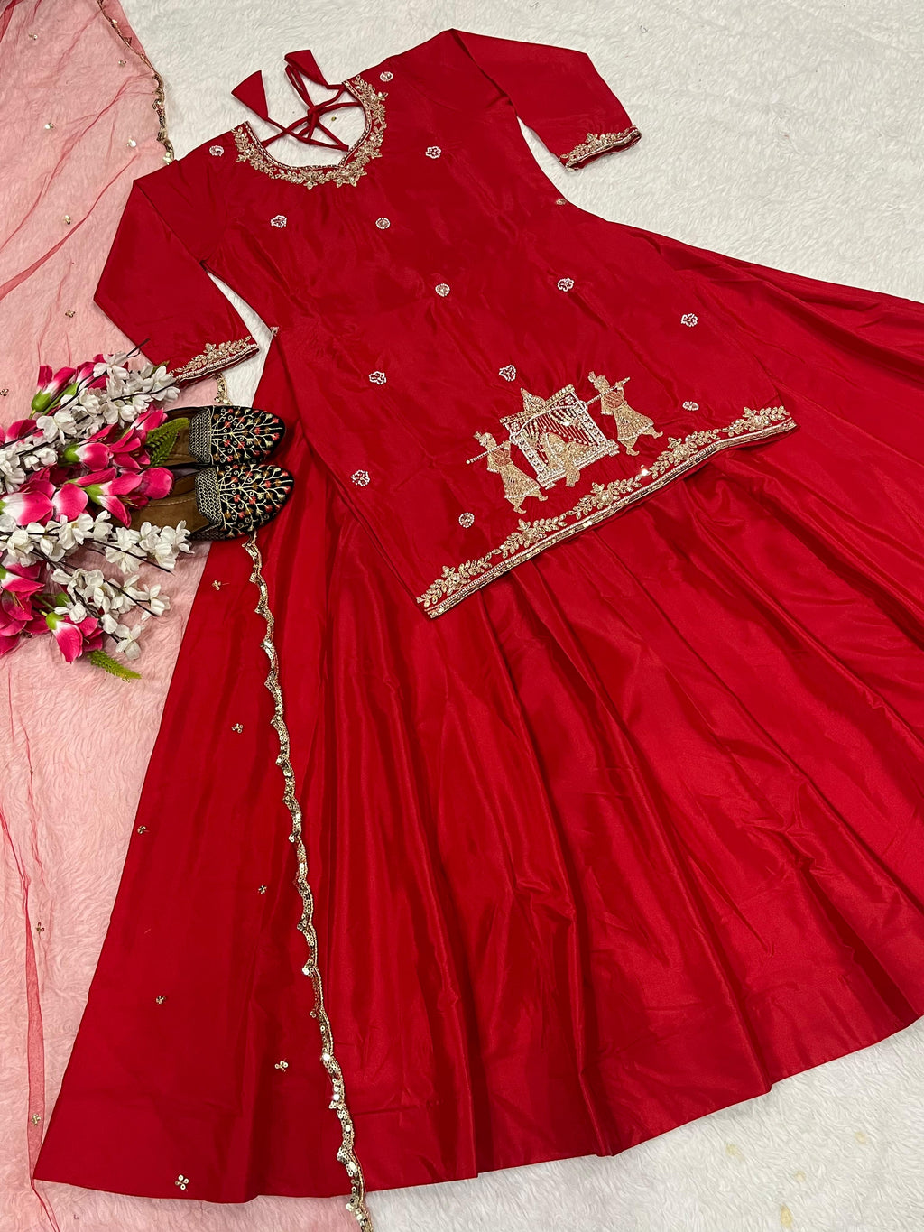 Natural Crepe Silk Flared Top-Lehenga Set with Heavy Sequence Embroidery