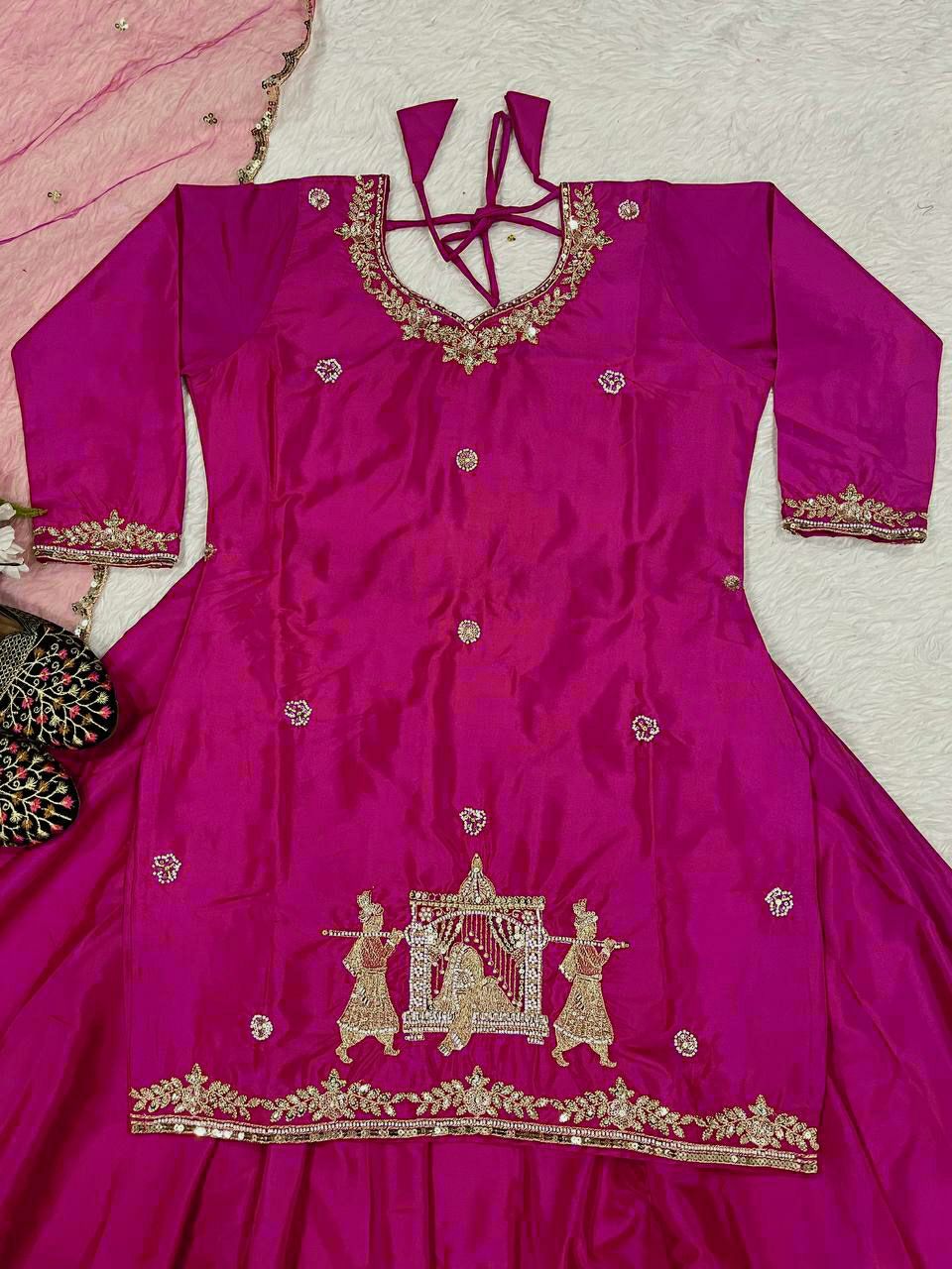 Natural Crepe Silk Flared Top-Lehenga Set with Heavy Sequence Embroidery