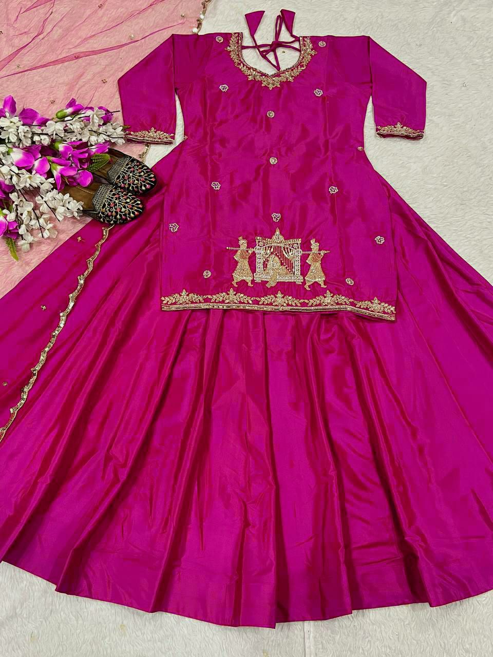 Natural Crepe Silk Flared Top-Lehenga Set with Heavy Sequence Embroidery