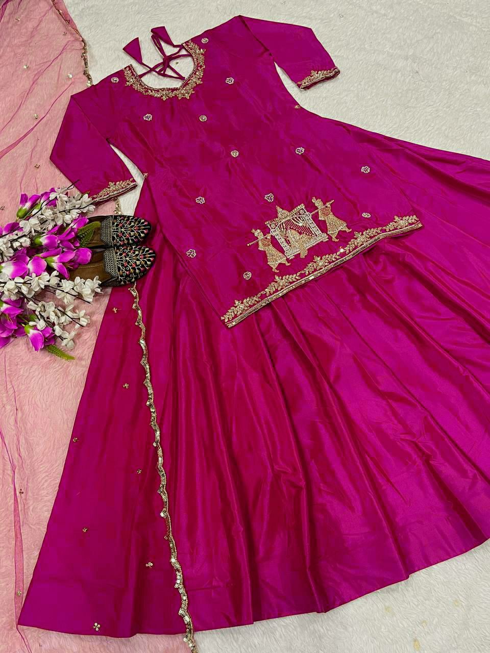 Natural Crepe Silk Flared Top-Lehenga Set with Heavy Sequence Embroidery