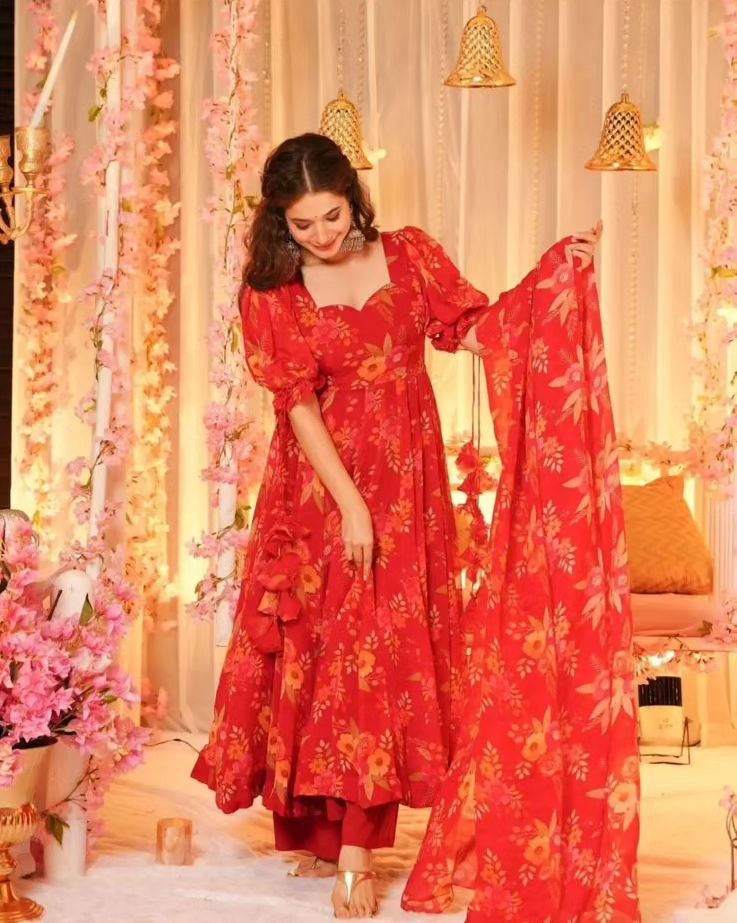 Anarkali Digital Printed Organza Silk Anarkali Suit With Huge Flair 🌸 (For Size Details See Description)