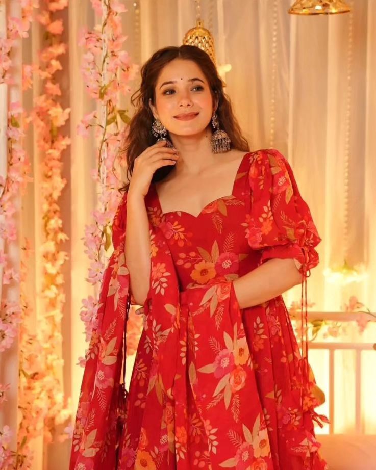 Anarkali Digital Printed Organza Silk Anarkali Suit With Huge Flair 🌸 (For Size Details See Description)