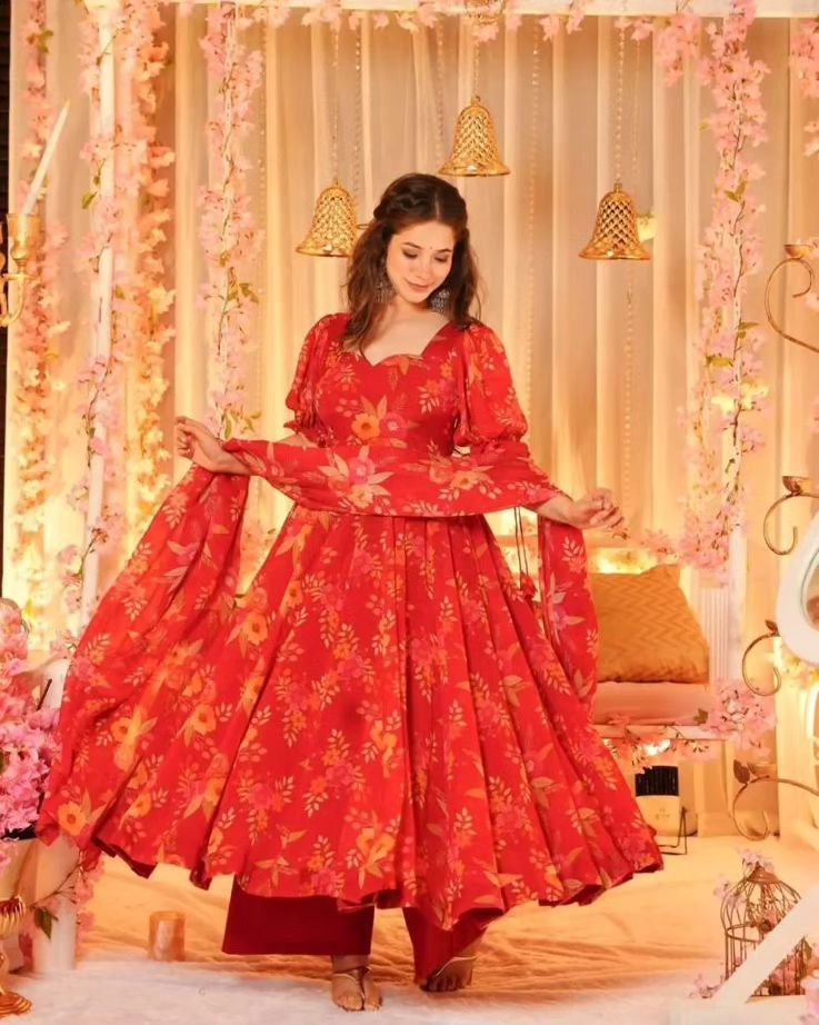 Anarkali Digital Printed Organza Silk Anarkali Suit With Huge Flair 🌸 (For Size Details See Description)