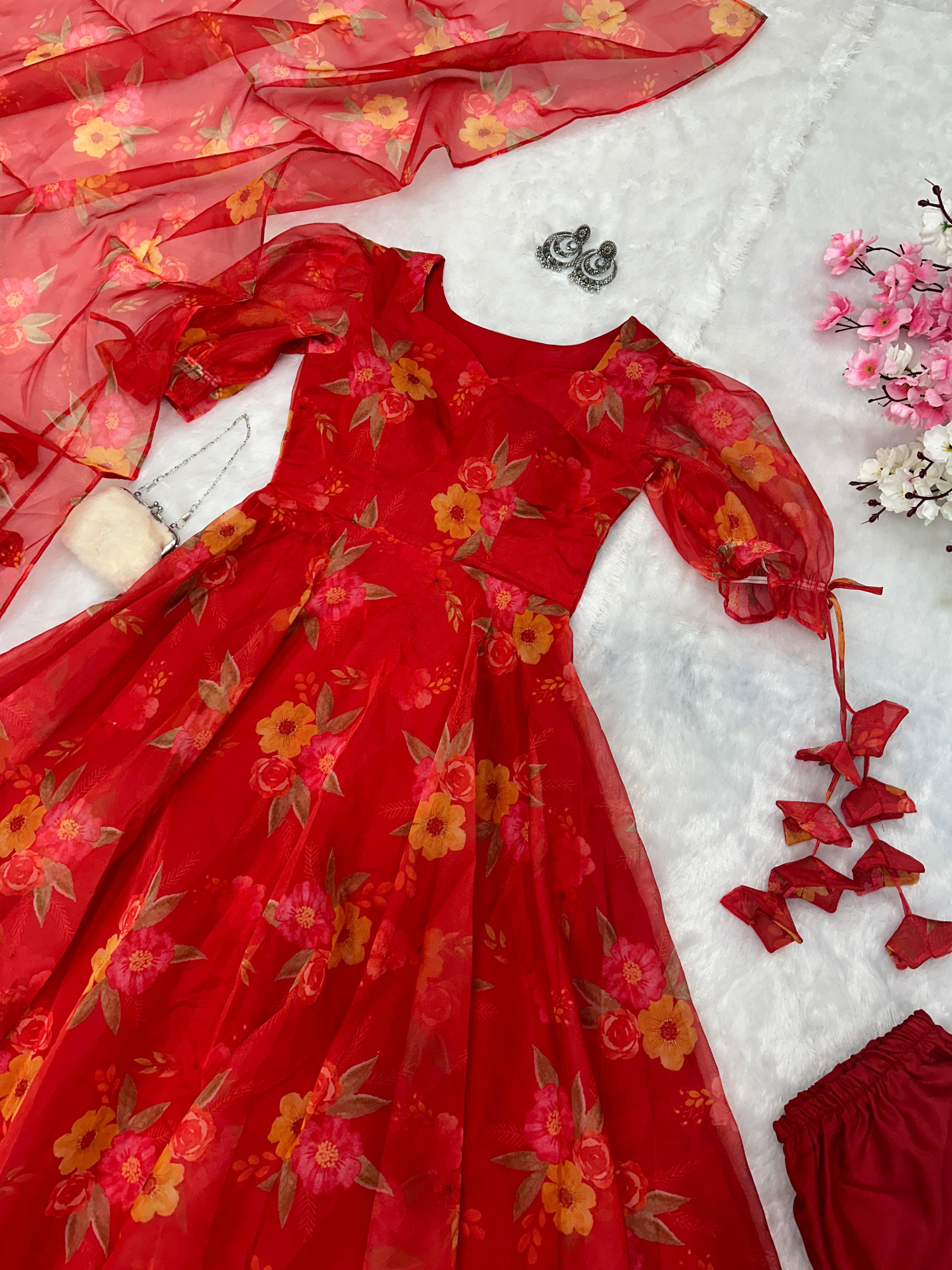Anarkali Digital Printed Organza Silk Anarkali Suit With Huge Flair 🌸 (For Size Details See Description)
